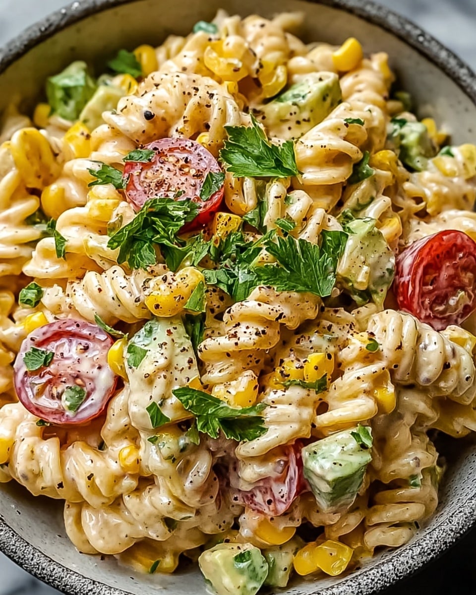 A close-up view of creamy pasta salad with spiral-shaped pasta covered in a light beige creamy sauce, mixed with bright yellow corn kernels and small pieces of green avocado. Scattered on top are halved cherry tomatoes with a red and slightly glossy texture, and fresh green parsley leaves as garnish. The salad is sprinkled with small black pepper flakes. The dish is served in a white bowl with a rough texture on the outside, set on a white marbled surface. photo taken with an iphone --ar 4:5 --v 7