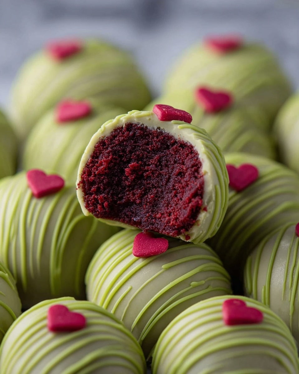 The image shows round cake balls with two main layers. The inner layer is moist, crumbly, and deep red in color. The outside layer is a smooth light green coating that covers the whole cake ball. Some cake balls have thin green lines drizzled on top, and small red heart shapes are placed on them as decoration. The cake balls are stacked closely together on a white marbled surface. Photo taken with an iphone --ar 4:5 --v 7