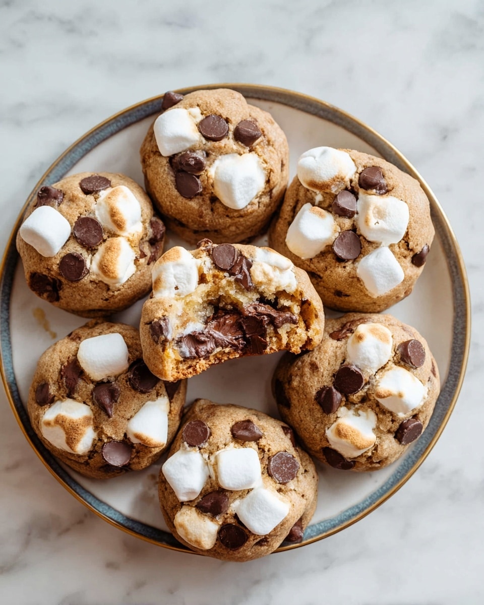 There are seven round, golden-brown cookies arranged on a white plate with a blue-gray rim. Each cookie has several small, soft white marshmallows partially melted into the surface and dark brown chocolate chips scattered on top. One cookie in the center shows a bite taken out, revealing the gooey chocolate inside with a chewy texture mixed with bits of marshmallow. The plate rests on a white marbled surface. photo taken with an iphone --ar 4:5 --v 7