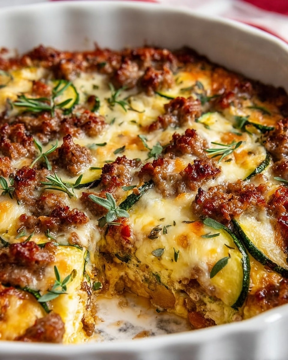 The dish is a baked casserole with visible layers of browned, crumbled sausage pieces on top, mixed with melted golden cheese that covers the surface. There are sliced green zucchini pieces arranged throughout, peeking through the cheese and meat, with small sprigs of fresh green herbs scattered on the top. The texture combines crispy browned bits with soft, creamy melted areas in a white baking dish, sitting on a white marbled texture. The edges show juicy, lightly oily spots from the cooked ingredients. Photo taken with an iphone --ar 4:5 --v 7