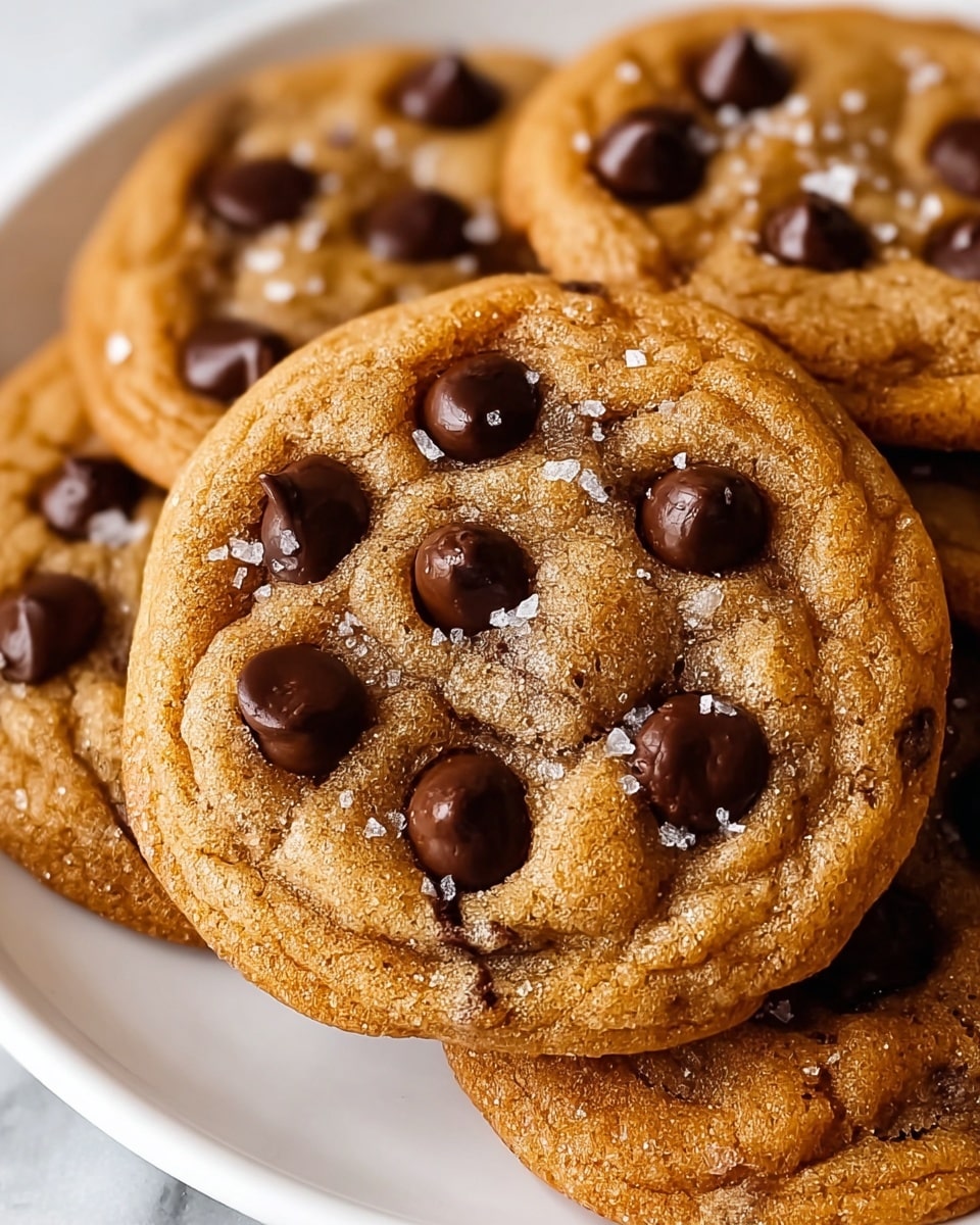 A close-up view of several chocolate chip cookies stacked slightly on a white plate. The top cookie is golden brown with a soft, chewy texture and has seven dark brown, glossy chocolate chips spread evenly across its surface. Small grains of coarse salt are sprinkled over the cookie, adding a contrast in texture and color. The edges of the cookies are slightly raised and have a cracked, crisp look, with the dough showing a sugar-dusted finish. The background is a white marbled texture, highlighting the warm tones of the cookies. photo taken with an iphone --ar 4:5 --v 7