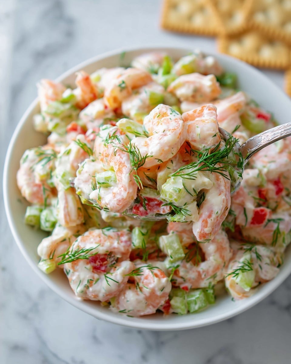 A close-up of a white bowl filled with a shrimp salad that shows multiple layers of ingredients, with plump, pink shrimp on top mixed with finely chopped green celery, small red bell pepper pieces, and fresh dill scattered throughout, giving a mix of soft and crunchy textures. The shrimp are coated in a light, creamy dressing that lightly pools at the bottom of the bowl, and a silver spoon lifts a portion of the salad, highlighting the vibrant colors and freshness. The bowl sits on a white marbled surface with some crackers slightly visible at the corner. Photo taken with an iphone --ar 4:5 --v 7
