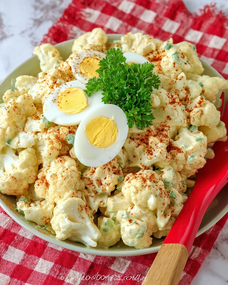 A close-up view of a white bowl filled with creamy cauliflower salad, where cauliflower pieces are coated in a thick pale yellow sauce with some small green herbs mixed in. The salad is sprinkled with a reddish-brown powder all over, and three halves of boiled eggs with yellow yolks are placed on top in the center. A small bunch of fresh green parsley leaves is added as garnish near the eggs. To the right side inside the bowl, there is a red spatula with a wooden handle partially visible. The bowl is sitting on a white marbled surface with a red and white checkered cloth underneath. Photo taken with an iphone --ar 4:5 --v 7