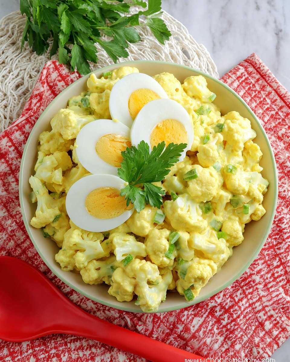 A white bowl filled with creamy yellow cauliflower salad, showing small cauliflower florets coated in a thick yellow dressing with visible bits of green celery mixed in. On top of the salad, there are three halved boiled eggs with firm white edges and bright yellow yolks, garnished with a small bunch of fresh green parsley leaves. The bowl sits on a white marbled surface with a white woven mat partly underneath it. To the left of the bowl, there is a red spoon and some fresh parsley leaves resting on a red and white checkered cloth. photo taken with an iphone --ar 4:5 --v 7