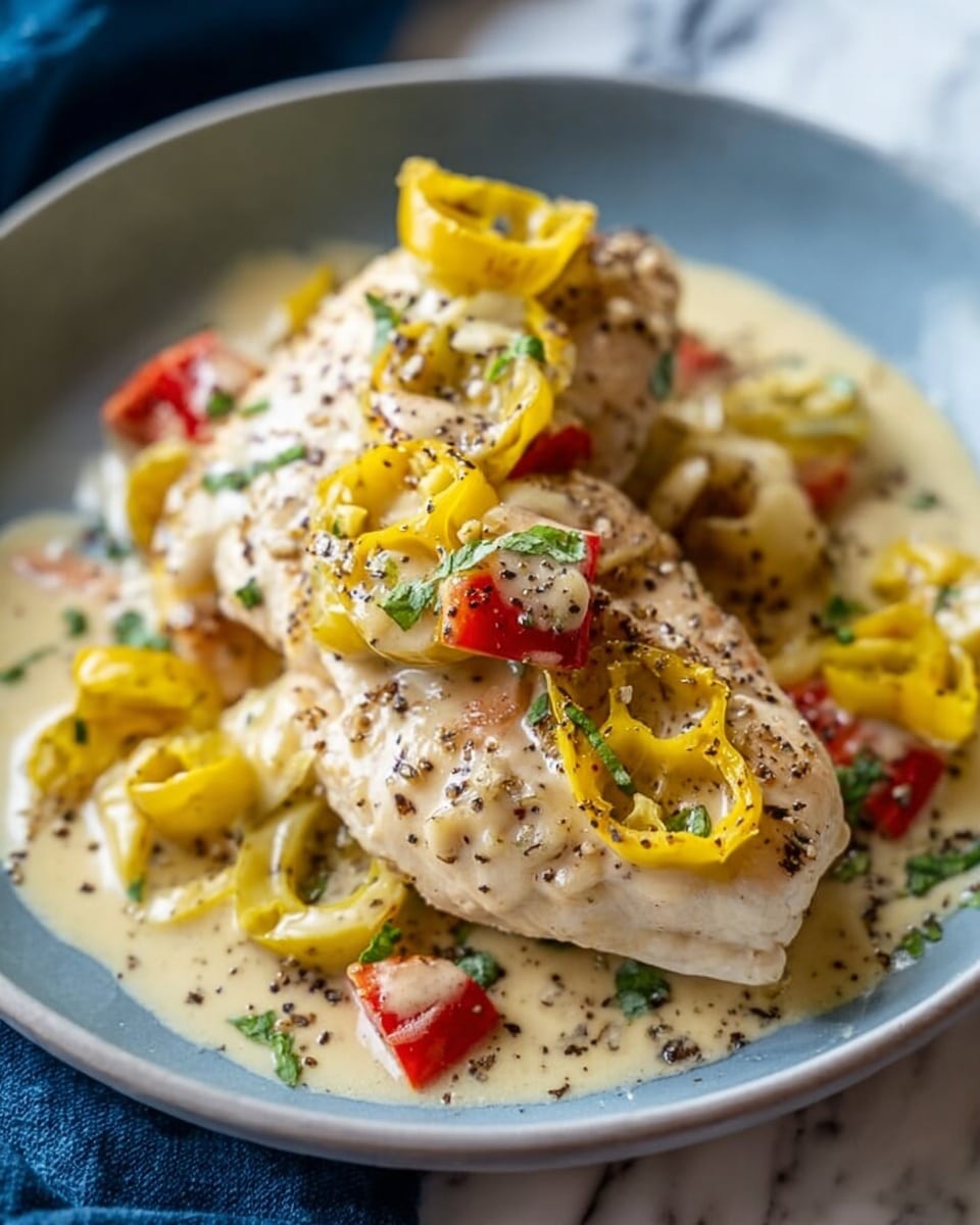 The dish shows two layers of light golden cooked chicken breasts stacked on a white plate, covered with a creamy light yellow sauce. On top and scattered around are slices of bright yellow banana peppers, small pieces of red and green bell peppers, and finely chopped green herbs, all sprinkled with black pepper. The background is a white marbled surface and part of a blue cloth is visible on the side. Photo taken with an iphone --ar 4:5 --v 7