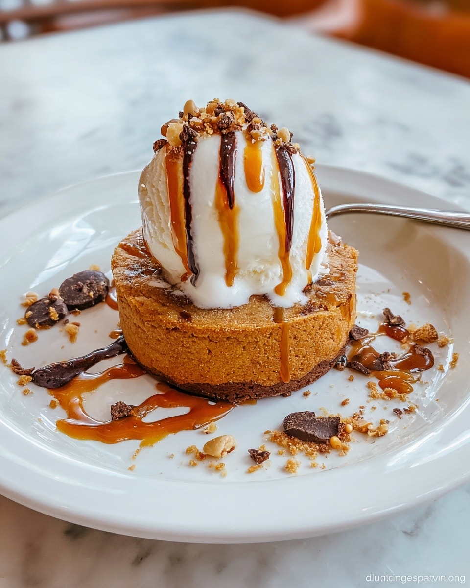 A dessert with two main layers sits on a white plate on a white marbled surface. The bottom layer is a round, thick, golden-brown cookie or cake with a slightly rough texture and a small crumb fallen off the side. On top of this base is a large scoop of smooth white ice cream. The ice cream is drizzled with dark brown and light caramel-colored sauces that drip down the sides. Around the dessert on the plate are small pieces of crushed nuts or chocolate adding texture and color contrast. A silver spoon rests at the back edge of the plate, partially visible. photo taken with an iphone --ar 4:5 --v 7
