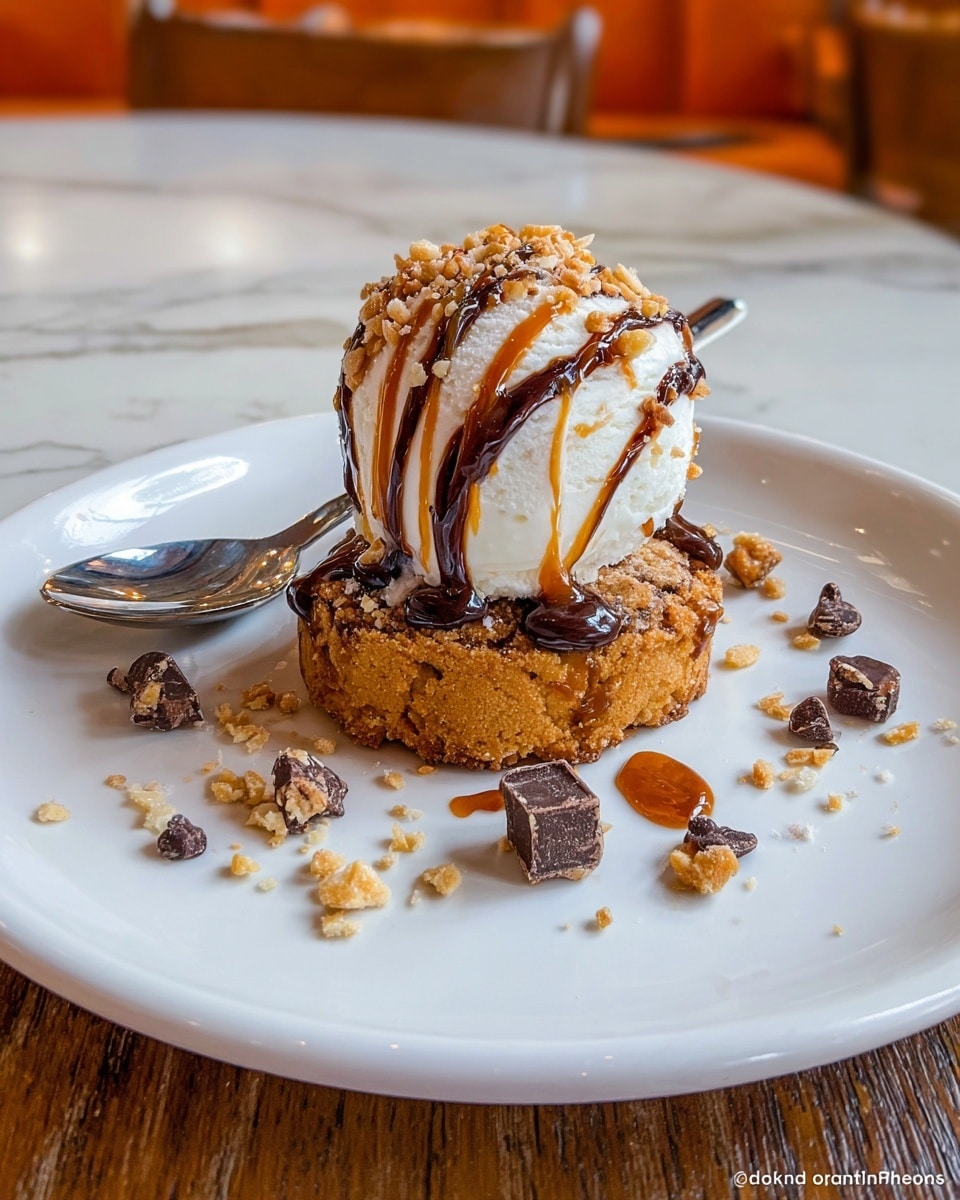 A dessert is shown with two main layers on a white plate with a small spoon resting beside it; the bottom layer is a round, golden-brown cookie or cake with a rough texture and slightly crumbly edges, and on top sits a large, smooth scoop of white vanilla ice cream drizzled with dark brown chocolate and caramel sauce, surrounded by scattered crushed nuts and chocolate pieces on the plate, all placed on a wooden table with a white marbled texture background. photo taken with an iphone --ar 4:5 --v 7