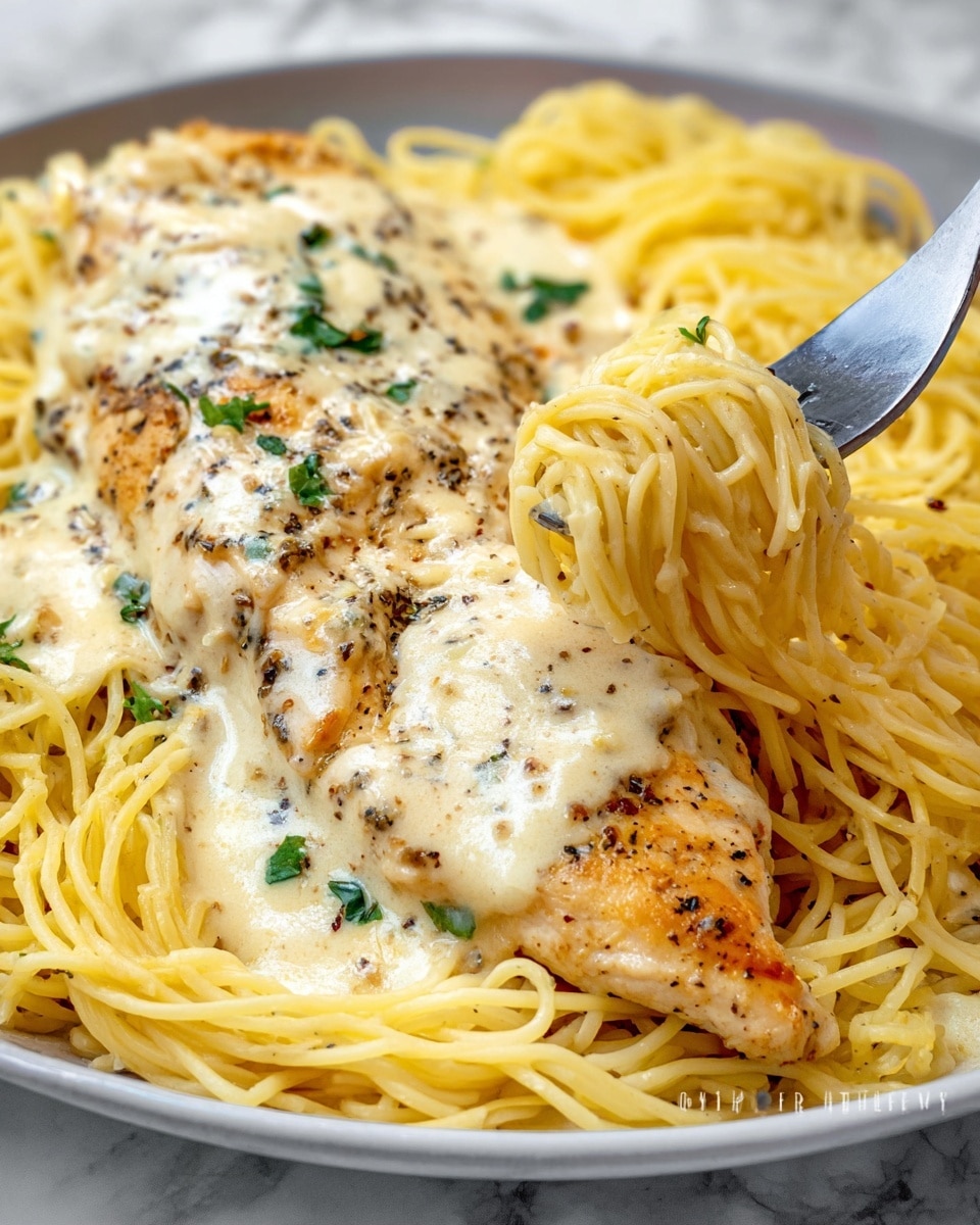 This image shows a close-up view of a dish with creamy pasta and a piece of grilled chicken on top. The bottom layer is a bed of thin yellow spaghetti coated in a smooth, thick white sauce. The middle layer features a shiny, golden-brown grilled chicken breast, slightly glistening with the sauce, and sprinkled with small green herb pieces and black pepper flakes. A silver fork is placed under a small twisted bundle of spaghetti near the chicken, lifting some pasta slightly. The whole scene is set against a white marbled texture background. photo taken with an iphone --ar 4:5 --v 7