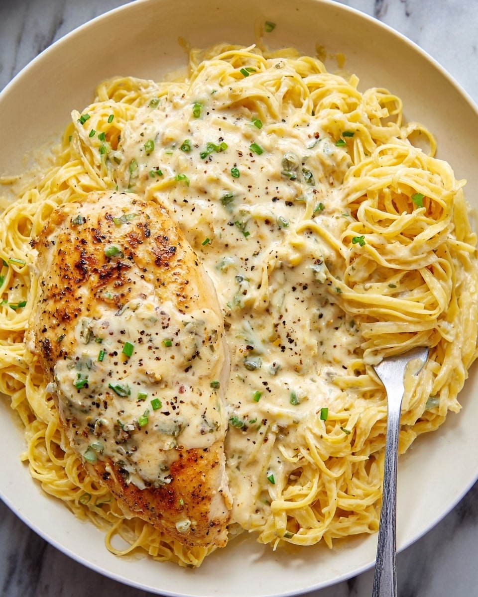 A large white plate holds a bed of thin yellow pasta topped with a creamy white sauce, speckled lightly with black pepper and green herb bits. On one side of the pasta is a single grilled chicken breast, golden brown with a creamy sauce coating and sprinkled with chopped green herbs. A silver fork twirls up a small bundle of the saucy pasta near the bottom right of the plate. The dish sits on a white marbled surface, showing a simple and tasty meal. photo taken with an iphone --ar 4:5 --v 7