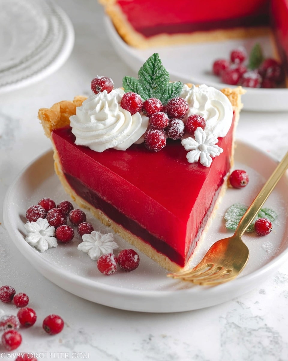 A single slice of bright red berry pie sits on a white plate over a white marbled surface. The pie has three layers: a light golden crust that curls slightly at the edges, a thick smooth red berry filling in the middle, and a glossy bright red top layer. On top of the slice, there is a swirl of white whipped cream and small white flower-shaped decorations. There are fresh red berries and a frosted green leaf garnish on one side near the crust. Around the plate, more red berries are scattered. A gold fork with a small white flower decoration lies on the plate in front of the slice. photo taken with an iphone --ar 4:5 --v 7