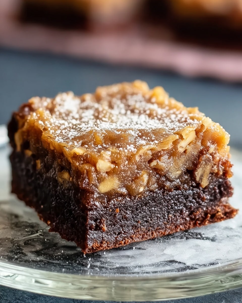 A square piece of dessert featuring two layers sits on a clear glass plate over a white marbled texture. The bottom layer is thick and dark brown with a moist, dense texture typical of chocolate brownies. The top layer is a golden caramel color with visible nut pieces embedded, creating a rough, glossy surface. Light sprinkles of powdered sugar dust the top, adding a slight contrast. In the background, soft, blurred colors add warmth to the image. Photo taken with an iphone --ar 4:5 --v 7
