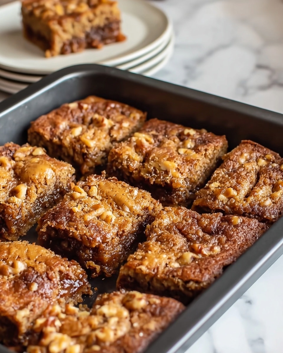 The image shows a close-up of a dark metal baking pan filled with neatly cut squares of sticky, golden-brown blondies with visible chunks of walnuts inside. The blondies have a shiny, slightly caramelized top layer with a moist texture, appearing soft and chewy. The edges of the blondies are slightly darker and crispier, while the inside looks dense with a mix of brown and golden colors. In the background, part of a white plate with one blondie square resting on it is visible, set on a white marbled surface. Photo taken with an iphone --ar 4:5 --v 7