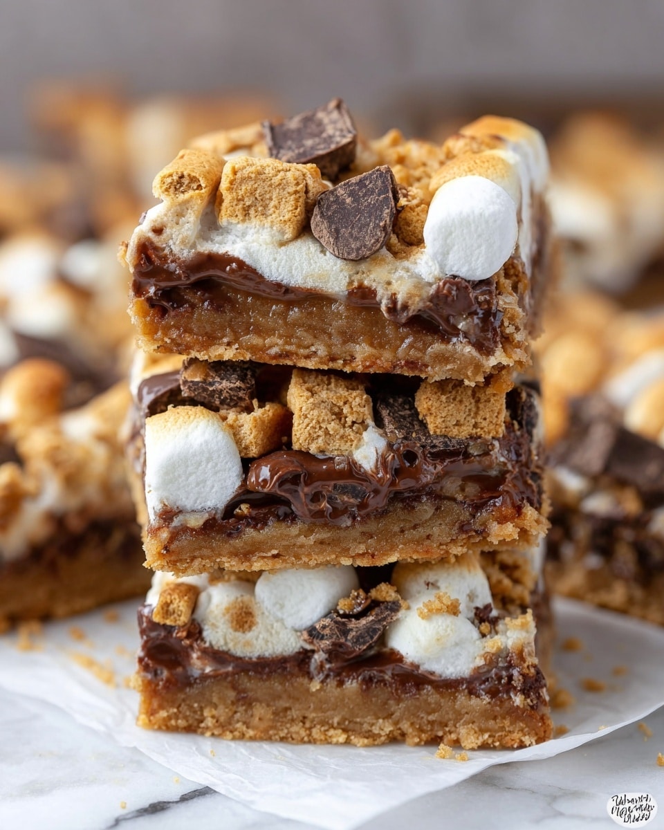 The image shows a close-up of a stack of three s'mores bars resting on white parchment paper over a white marbled texture. Each square bar has three visible layers: a thick golden brown crumbly base, a middle melting layer of gooey white marshmallow and soft chocolate, and a top layer scattered with toasted marshmallows, rough pieces of golden brown graham cracker, and chunky dark chocolate chunks and chips. The bars have a rich texture contrast with the soft melting middle and crunchy toppings, and the edges reveal pockets of melted chocolate and marshmallow inside. The photo taken with an iphone --ar 4:5 --v 7