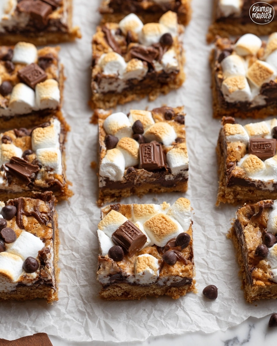The image shows multiple square dessert bars arranged neatly on crinkled white parchment paper over a white marbled surface. Each bar has three visible layers: the bottom layer is a crumbly golden brown crust, the middle layer is a mix of melted marshmallow and chocolate chips creating a gooey texture, and the top layer is decorated with toasted mini marshmallows, Hershey chocolate pieces, and scattered dark chocolate chips. The bars have an inviting mix of light and dark brown colors with a soft, melty look and a slightly toasted texture on the marshmallows. Photo taken with an iphone --ar 4:5 --v 7
