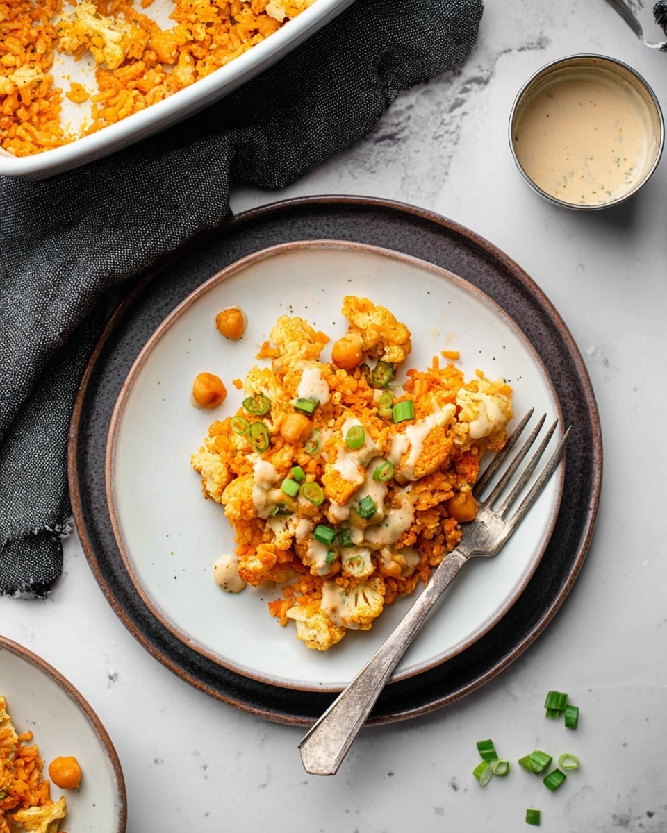 A white plate holds a single serving of orange-colored rice mixed with pieces of orange cauliflower and chickpeas, scattered with small green onion slices on top. The rice mixture has a slightly moist texture and is drizzled with a light beige creamy sauce. A silver fork rests on the plate's right edge. The plate is placed on top of another round plate with a dark rim, both set on a white marbled surface. To the top left, a white casserole dish filled with more of the same rice mixture is partially visible on a dark gray cloth. At the top right, a small silver cup contains extra creamy sauce. Small green onion pieces are sprinkled near the plate on the white marbled surface. photo taken with an iphone --ar 4:5 --v 7