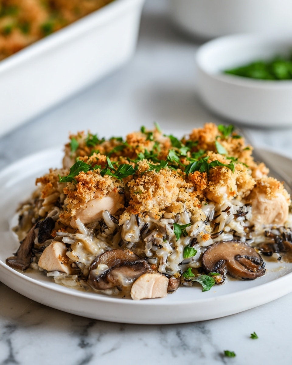 A white plate holds a creamy dish with three visible layers: the bottom layer is a mix of wild rice and sliced brown mushrooms, creamy in texture and light brown in color; the middle layer features chunks of light beige chicken pieces spread evenly; the top layer is a golden-brown crumbly crust sprinkled with chopped fresh green parsley leaves, adding a bright contrast. The dish sits on a white marbled textured surface with a blurred white bowl and a white small bowl with green herbs in the background. photo taken with an iphone --ar 4:5 --v 7