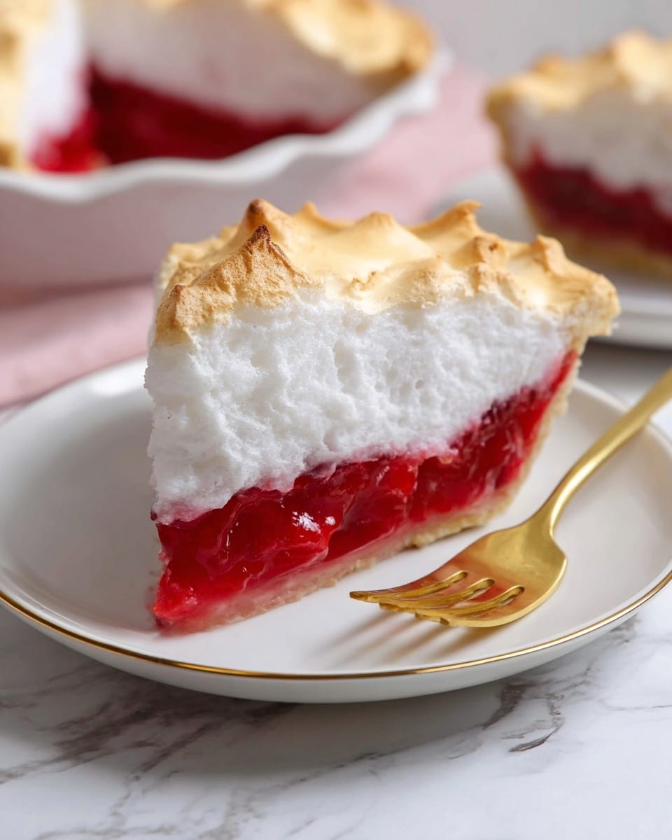 A slice of pie with three visible layers is shown on a white plate. The bottom layer is a thick, bright red fruit filling with a smooth, glossy texture. Above this is a fluffy white middle layer that looks soft and airy. The top layer is a golden brown meringue with a slightly toasted, uneven surface adding texture. The slice sits near a shiny gold fork, all placed on a white marbled surface. In the background, part of the remaining pie in a white dish can be seen. Photo taken with an iphone --ar 4:5 --v 7