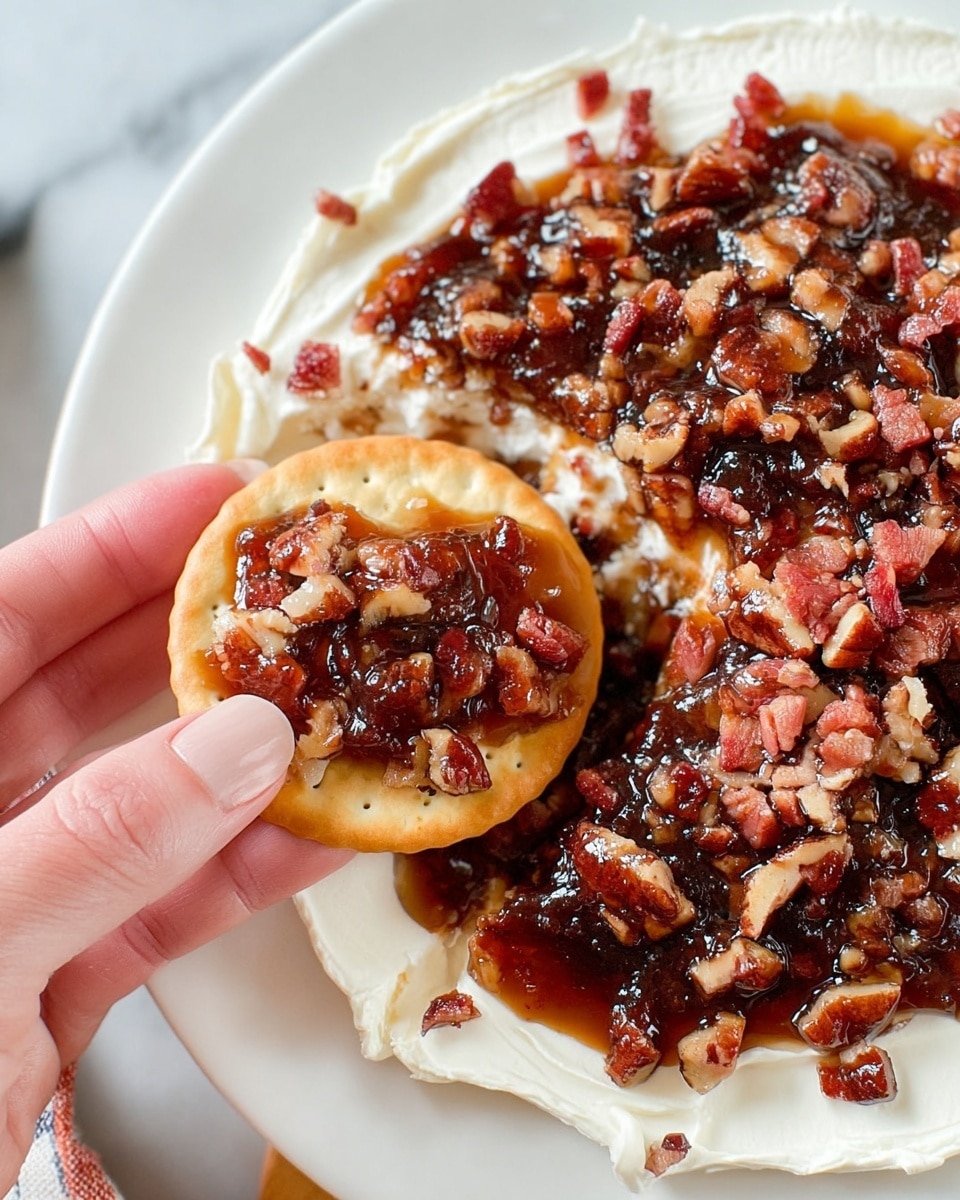 A close-up of a white plate filled with three visible layers: the bottom layer is creamy and white, smooth in texture; the middle layer is a dark brown, sticky, glossy jam spread evenly over the white layer; the top layer is a mix of small, reddish cooked bacon bits and light brown pecan pieces scattered thickly over the jam. A woman's hand is holding a round, pale golden cracker close to the plate, topped with the same mix of jam, cream, and pecans, showing the textures clearly. The whole scene is set on a white marbled surface. photo taken with an iphone --ar 4:5 --v 7