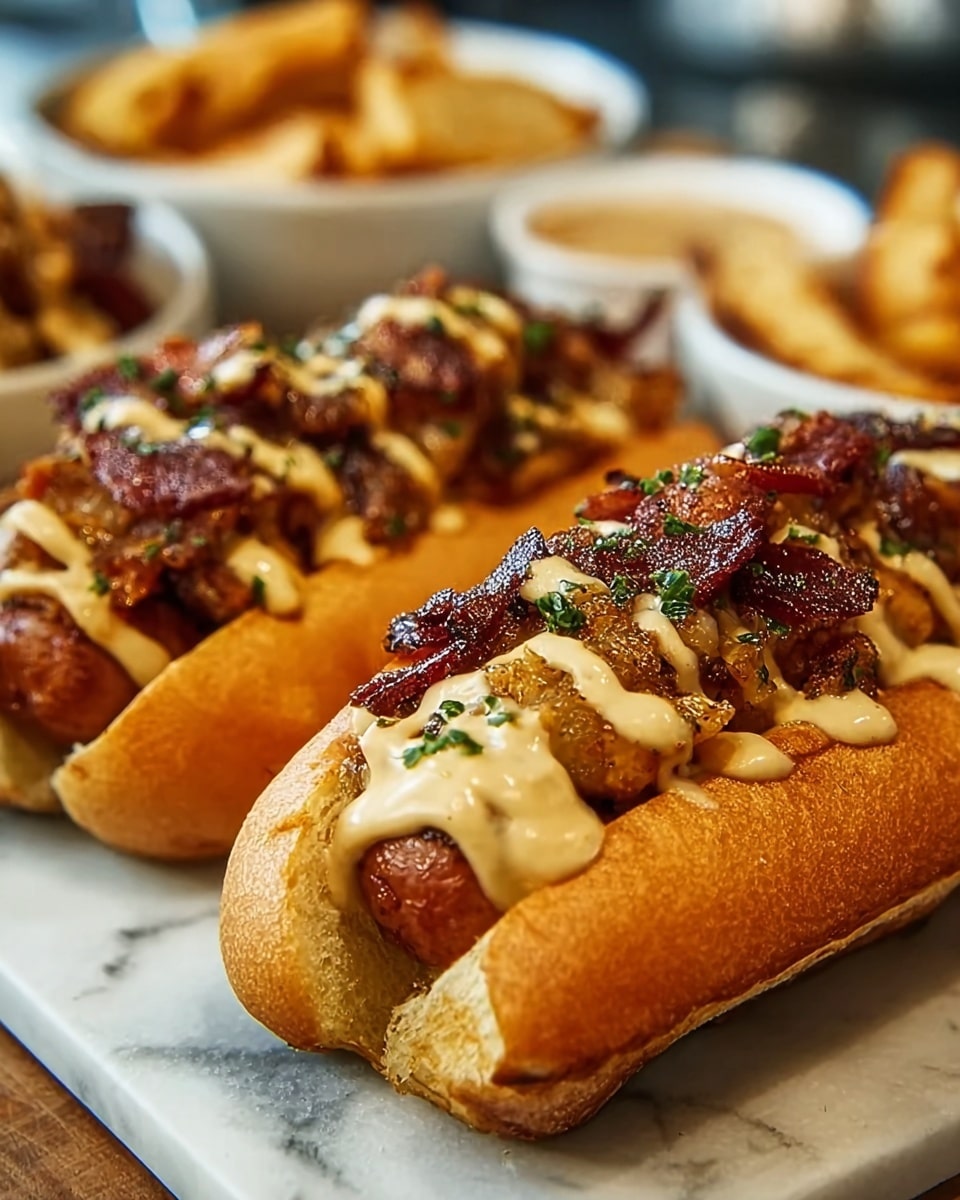 Two hot dog buns sit on a white marbled surface, each filled with a thick, golden-brown sausage as the base layer. On top of the sausages, there is a layer of crispy cooked bacon pieces with a dark, caramelized texture. Drizzled over the bacon is a smooth, creamy light beige sauce, spread evenly across the length of the hot dogs. Small green herb pieces are sprinkled on the sauce for a touch of color. The buns are soft with a light golden color and slightly shiny texture, gently hugging the fillings. In the blurred background, more food items are visible, served in white bowls. photo taken with an iphone --ar 4:5 --v 7