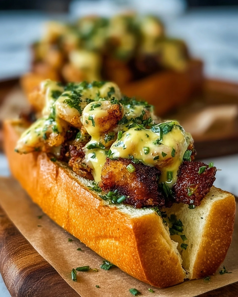 The image shows a sandwich with a thick, golden-brown toasted bun as the base layer, soft on the inside and crisp on the outside. On top of the bun, there is a layer of dark brown, crispy fried bite-sized pieces of seafood or meat. Over this, a creamy yellow sauce with green herbs is drizzled generously, covering the top and sides of the fried pieces. Small chopped green herbs are sprinkled over the sauce, adding a fresh contrast to the rich colors of the sandwich. The sandwich is placed on a piece of brown parchment paper on a wooden board, with a blurred similar sandwich visible in the background on a white marbled texture surface. photo taken with an iphone --ar 4:5 --v 7