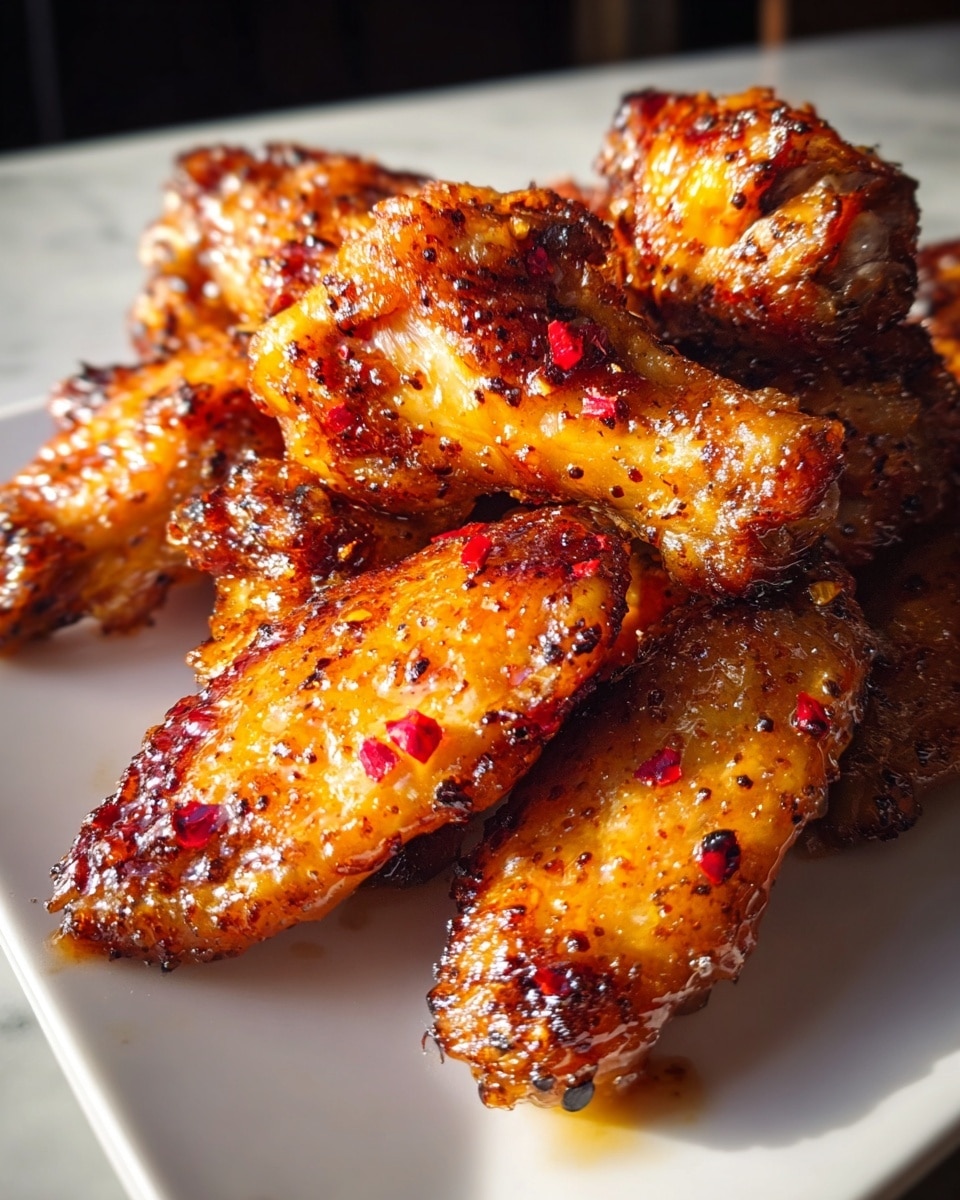 A close-up image of a white plate filled with crispy, glazed chicken wings arranged in a small stack, showing about eight pieces. Each wing is golden brown with a shiny, sticky coating that glistens in the light, dotted with black pepper and small red chili flakes. The texture looks crunchy and slightly bumpy, with some charred spots adding to the rich color. The plate sits on a white marbled surface with soft natural light highlighting the wings' glossy finish and seasoning details. photo taken with an iphone --ar 4:5 --v 7