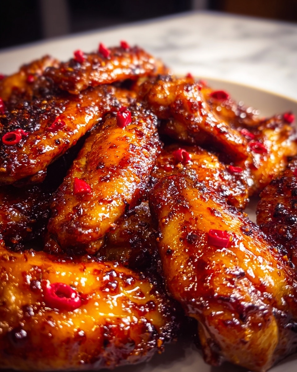 The image shows a close-up of many golden-brown chicken wings covered with a shiny, sticky sauce that has a dark spiced texture with small red chili pieces scattered across the wings. The wings appear crispy on the edges with a glazed, caramelized look that reflects light. The background is a soft blur emphasizing the glossy and textured surface of the chicken wings, all placed on a white plate sitting on a white marbled surface. photo taken with an iphone --ar 4:5 --v 7