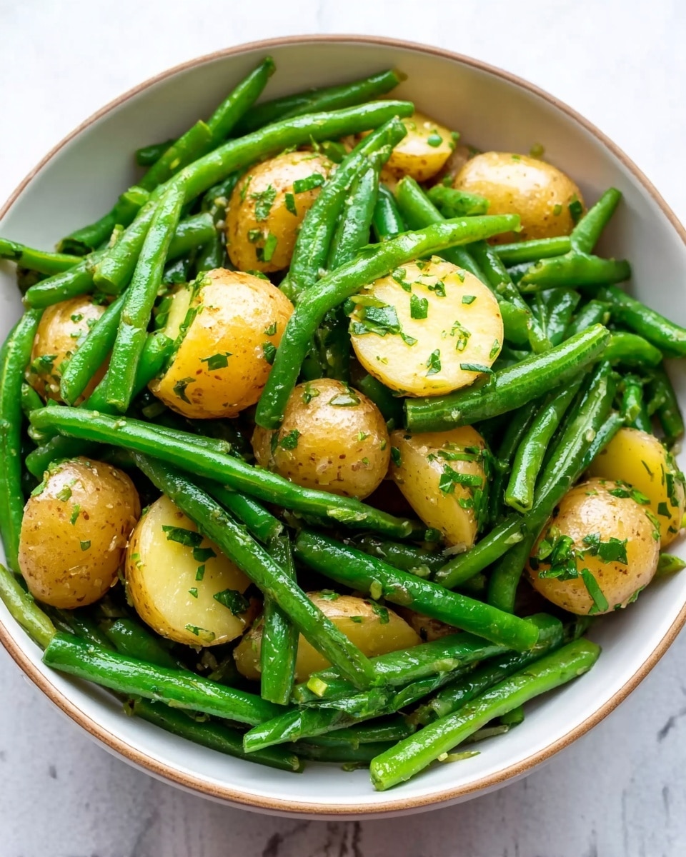 This image shows a close-up of a white bowl filled with cooked green beans and halved baby potatoes. The green beans are bright green with a slightly glossy texture, making them look fresh and tender. The baby potatoes have a golden-brown skin with a soft, pale yellow inside, and both vegetables are mixed evenly inside the bowl. Small pieces of chopped green herbs are sprinkled throughout, adding bursts of darker green color. The bowl sits on a surface with a white marbled texture, creating a clean and simple background. photo taken with an iphone --ar 4:5 --v 7