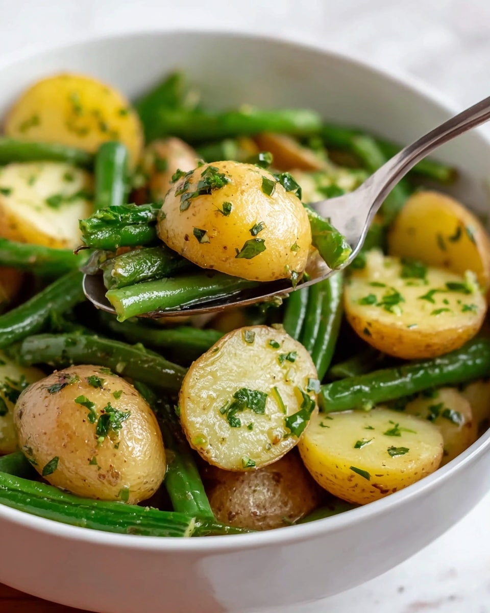A white bowl filled with a mix of halved baby potatoes and green beans, both coated in a light dressing with small chopped green herbs sprinkled on top. The potatoes have a golden-yellow color with slightly browned skin edges visible, while the green beans are bright green and fresh-looking. A silver spoon holding several pieces of the dish, including a halved potato and some green beans, is positioned over the bowl, showing the textures and vibrant colors clearly. The background features a white marbled texture. photo taken with an iphone --ar 4:5 --v 7