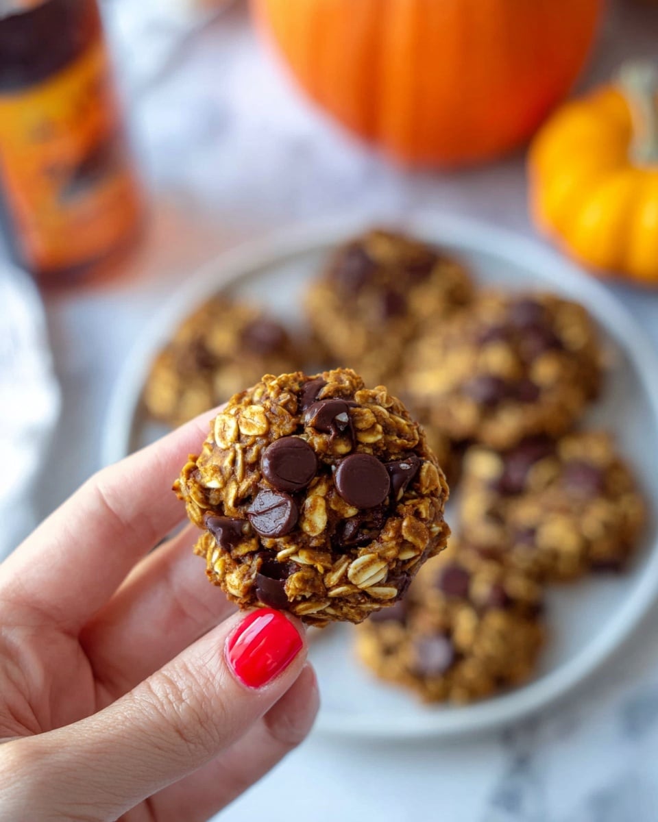 A close-up view shows a small cookie held between a woman's thumb and index finger with red nail polish, revealing a rough, chunky texture filled with thick oats and dark brown chocolate chips mixed throughout. In the background, more cookies lie on a white plate, their surface similarly textured with oats and chocolate chips, and two small orange pumpkins appear slightly blurred, along with a syrup bottle laying sideways. The whole scene is set on a white marbled surface. photo taken with an iphone --ar 4:5 --v 7
