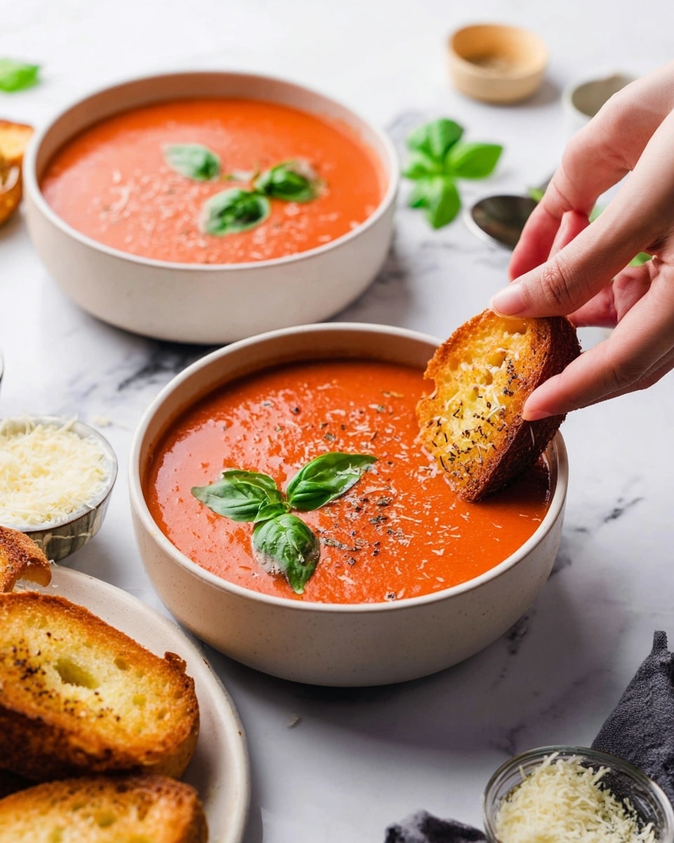The image shows two white bowls filled with smooth, bright red tomato soup placed on a white marbled surface. Each bowl is topped with several fresh green basil leaves floating on the surface. A piece of golden-brown toasted bread with a crunchy texture is dipped into the soup in the front bowl, held by a woman's hand coming from the top left. In the foreground, there is a round white plate holding additional crunchy toasted bread pieces. The background features small dishes with grated cheese and seasoning. The setting is clean and bright, highlighting the vibrant colors and textures of the soup and bread. photo taken with an iphone --ar 4:5 --v 7