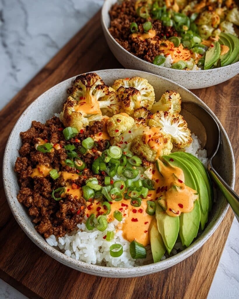 Crispy Chile Ground Beef and Cauliflower Protein Bowls Recipe