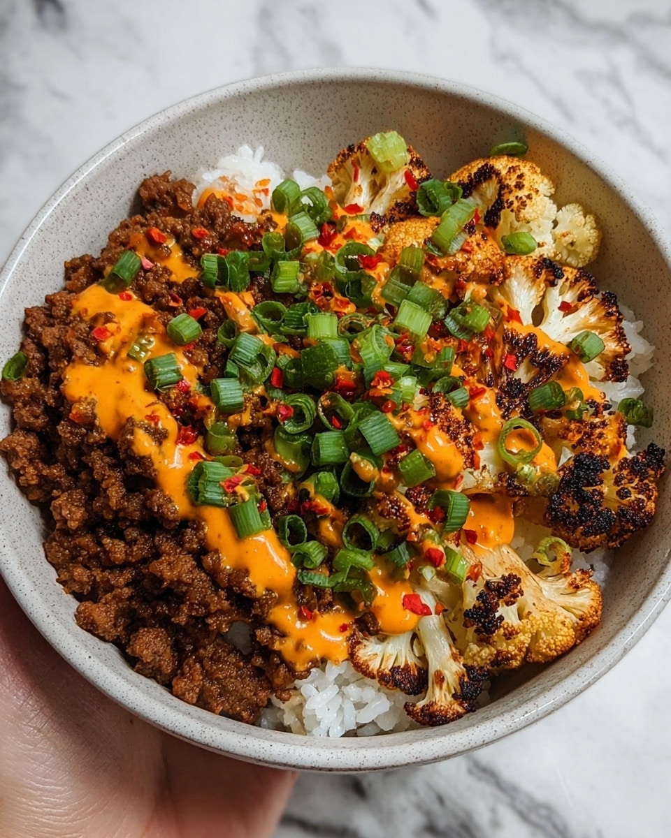 A white bowl filled with a layer of white rice at the bottom, topped with two main sections: one side has browned ground meat with a crumbly texture, and the other side features charred cauliflower florets with a golden-brown color and slightly blackened edges. Over both, there is a bright orange creamy sauce drizzled in a zigzag pattern, along with a generous sprinkle of chopped green onions and small red chili flakes, adding color contrast. The bowl is held by a woman's hand, set against a white marbled surface. photo taken with an iphone --ar 4:5 --v 7