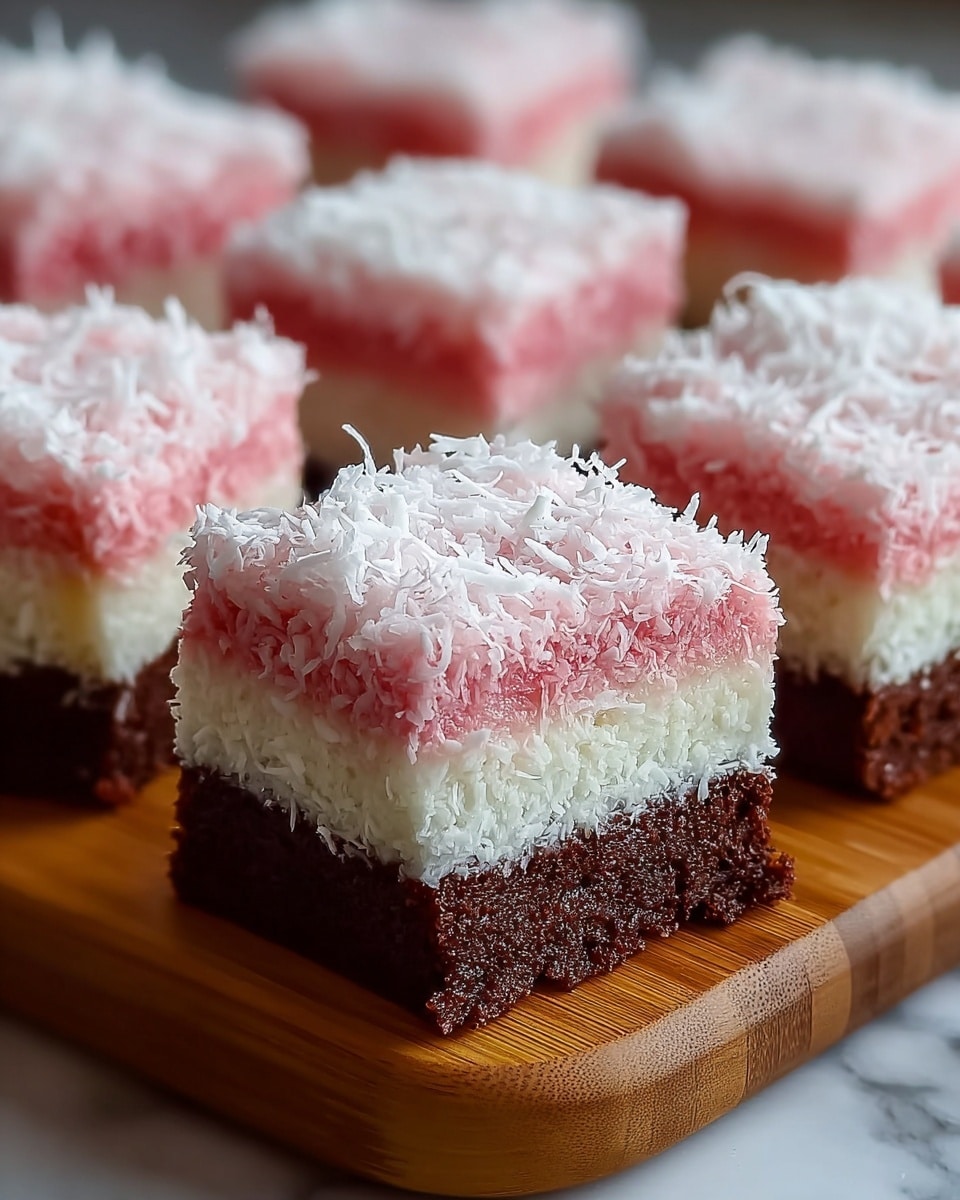 A close-up view of square layered dessert pieces arranged on a wooden board, each piece showing three distinct layers: a bottom dark brown chocolate cake layer with a moist texture, a middle thick white creamy layer with shredded coconut mixed in, and a top pink creamy layer also covered with shredded coconut, giving a fluffy and textured look. The white shredded coconut is spread on the top pink layer, making it look soft and inviting. The background shows a clean white marbled texture. photo taken with an iphone --ar 4:5 --v 7