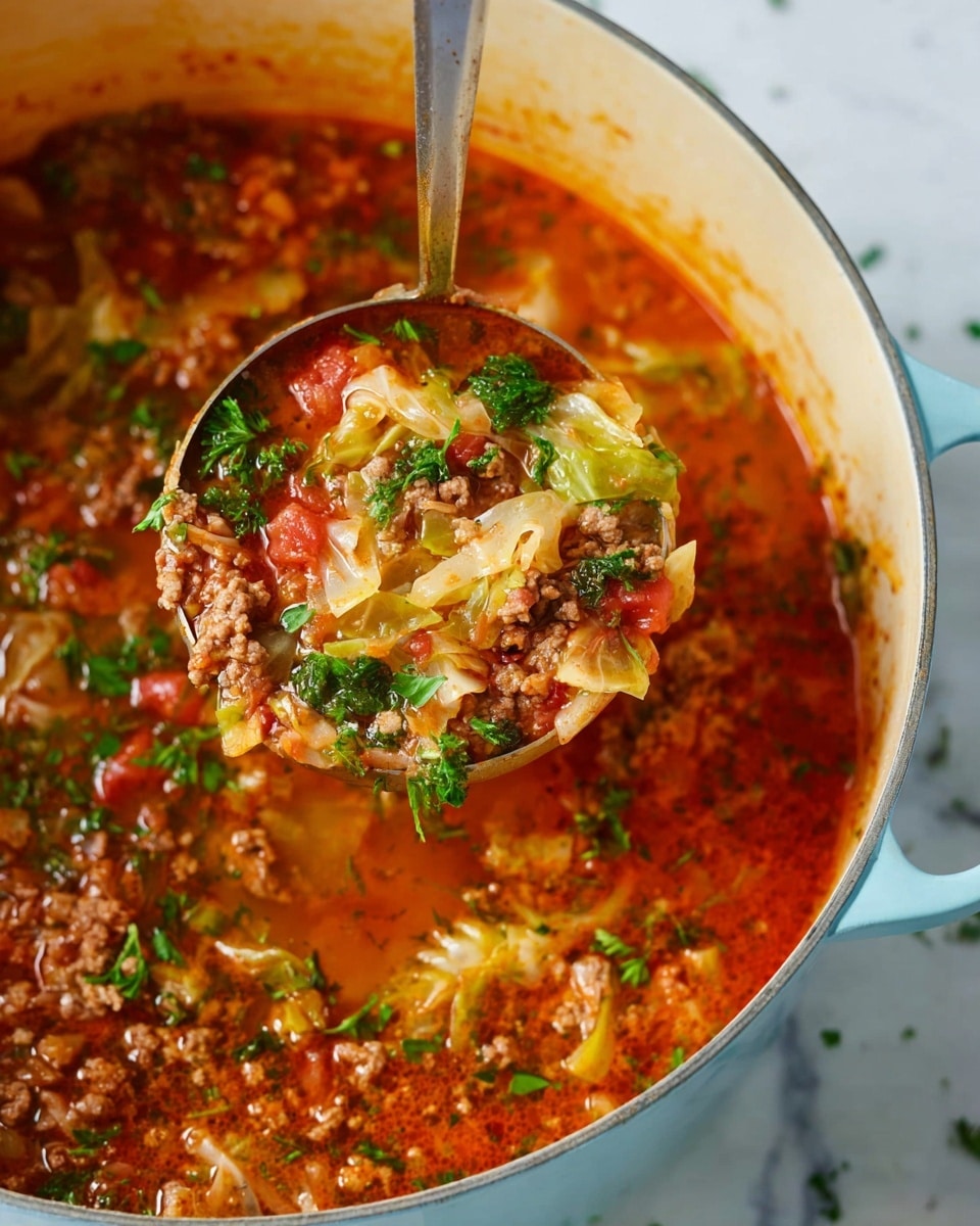 A close-up view of a thick stew inside a large, light blue pot showing a ladle lifting a scoop of the stew. The stew has a deep red-orange broth with small chunks of cooked ground meat layered evenly in the mixture. The stew also contains soft pieces of light green cabbage with some bright red tomato bits and fresh green chopped herbs sprinkled throughout. The texture looks hearty and rich with visible layers of vegetables and meat floating in the broth. The background is a white marbled surface. Photo taken with an iphone --ar 4:5 --v 7