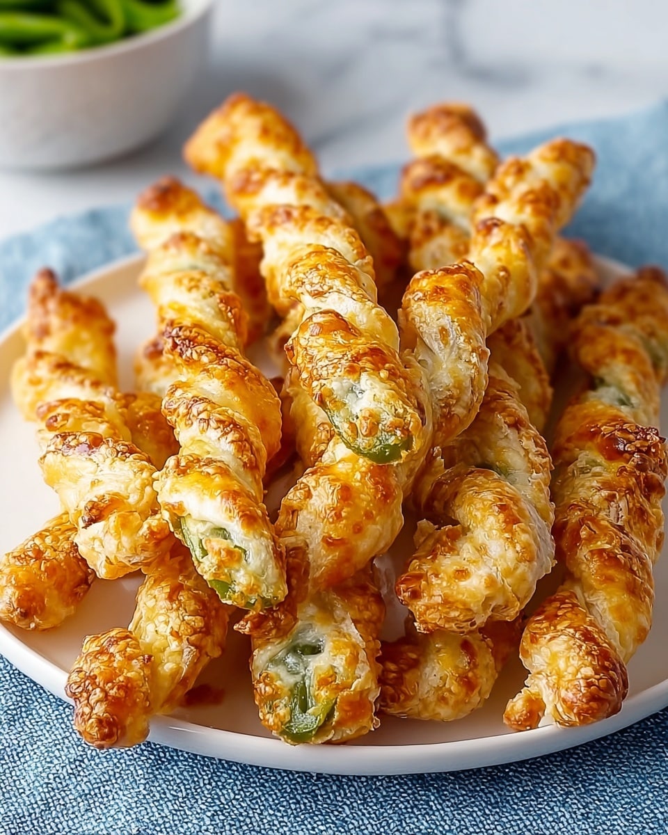 The image shows a white plate full of golden brown, crispy twisted sticks. Each stick is made from a flaky baked layer wrapped snugly around small green peppers visible through the light, bubbly crust. The texture looks crunchy with puffed bubbles and toasted spots on the surface, giving a warm, inviting appearance. The plate sits on a blue cloth with a soft textured pattern, all on a white marbled surface. In the background, there is a white bowl filled with more green peppers, blurred to keep focus on the twisted sticks. photo taken with an iphone --ar 4:5 --v 7