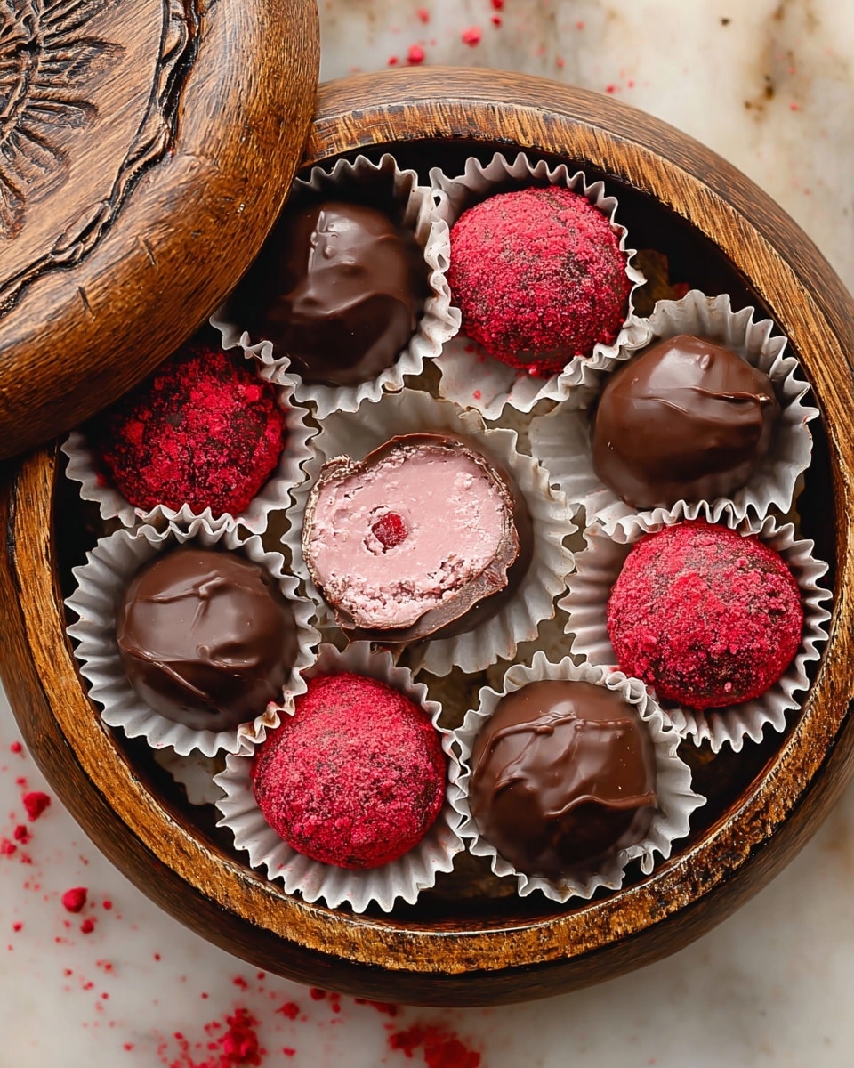A carved wooden round box is open to show eleven round chocolate truffles inside, each placed in a white paper cup. Most truffles have a smooth, shiny dark brown chocolate coating, while five are topped with a bright red powder. One truffle near the center is cut open to reveal a smooth, light pink filling with some red specks inside. The box sits on a white marbled surface, and bits of the red powder are scattered around inside the box. Photo taken with an iphone --ar 4:5 --v 7