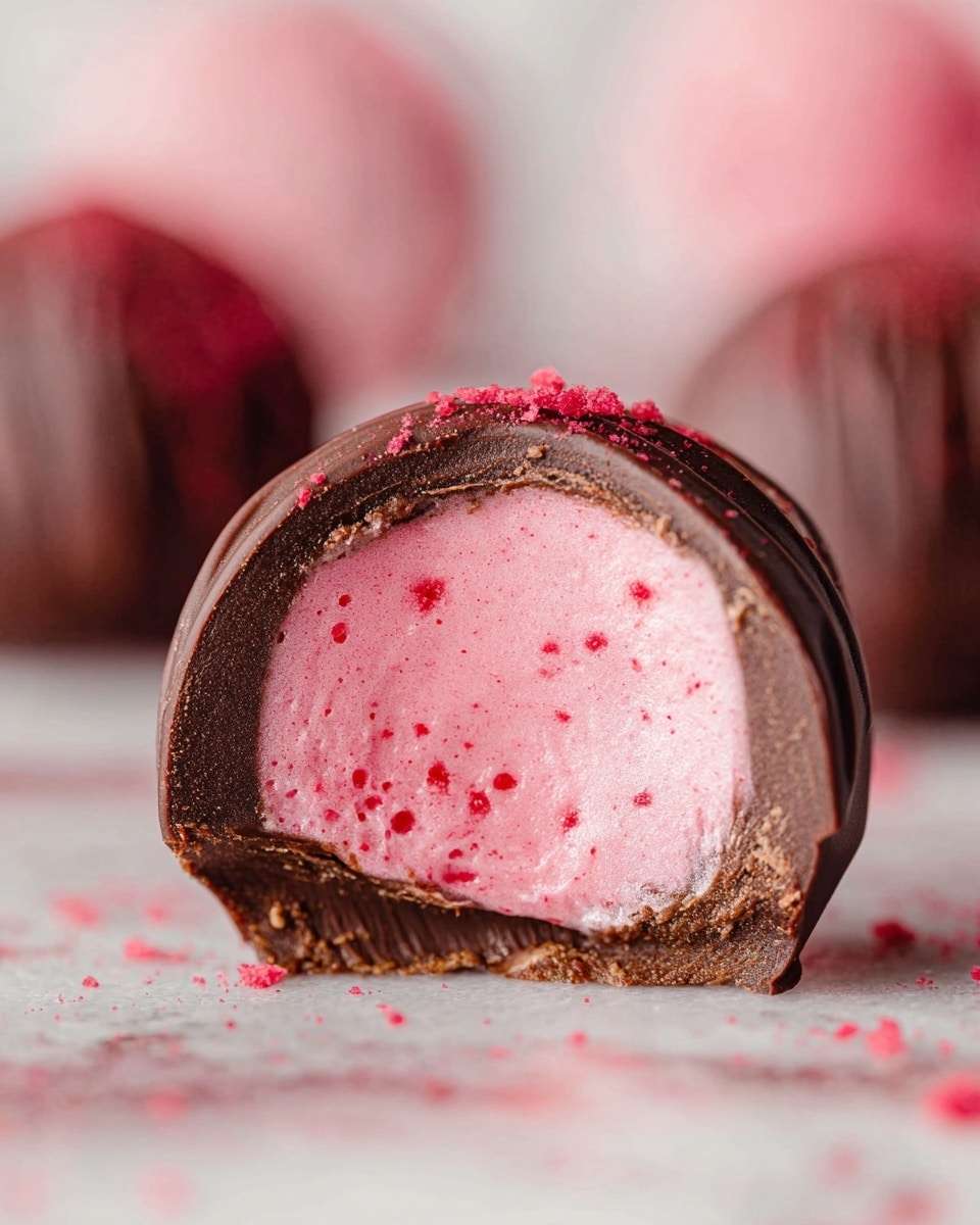 The image shows a close-up of a round chocolate truffle with its top half bitten off, revealing a bright pink, creamy interior with tiny red speckles spread evenly throughout. The outer layer is a smooth dark brown chocolate shell that has a slightly rough texture near the edges where it is broken. The truffle sits on a white marbled surface sprinkled with small bits of pink crumbs, matching the inner color of the filling. The background is softly blurred with hints of similar pink and brown shapes, giving the focus fully to the detailed cross-section of the truffle. Photo taken with an iphone --ar 4:5 --v 7