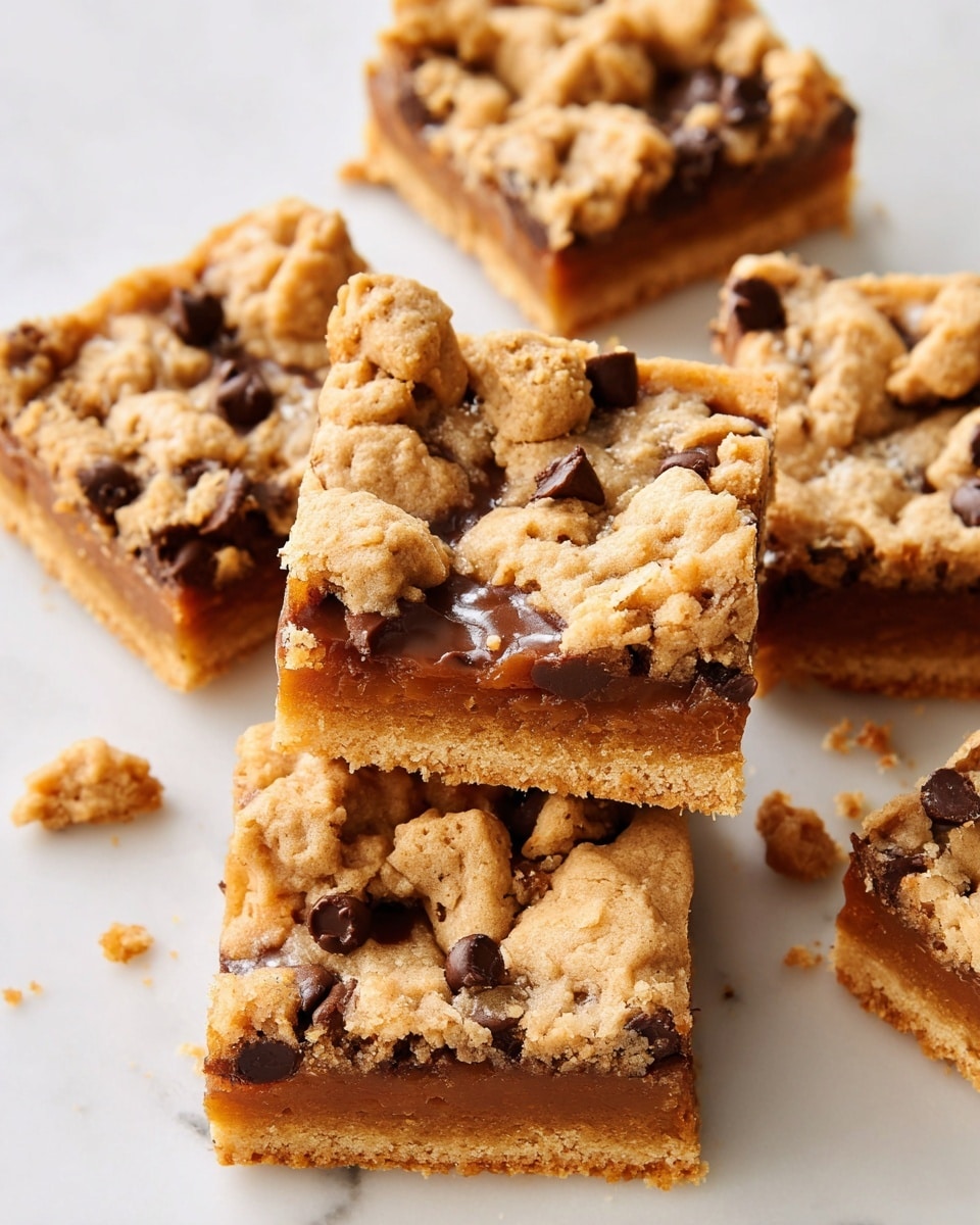 The image shows five square dessert bars placed on a white marbled surface, each bar featuring three visible layers. The bottom layer is a golden brown crust with a slightly crumbly texture. The middle layer is a shiny caramel color with melting chocolate chips scattered unevenly throughout. The top layer consists of large, rough, light beige cookie dough chunks that create a textured and uneven surface. Some crumbs are scattered around the bars, adding to the rustic look. Photo taken with an iphone --ar 4:5 --v 7