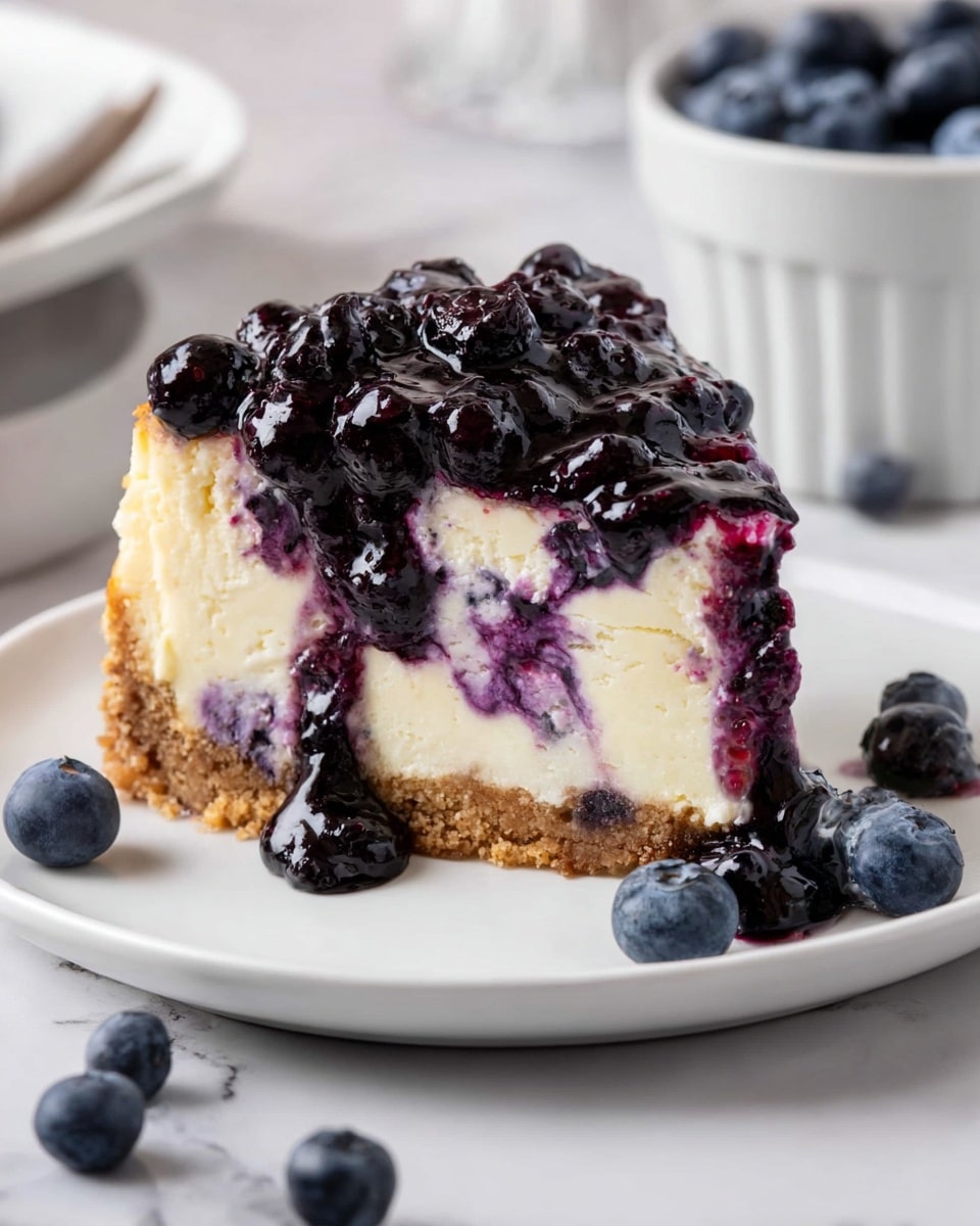 A slice of cheesecake sits on a white plate, showing three clear layers: a bottom light brown crumbly crust, a thick middle creamy pale yellow cheesecake with purple blueberry swirls inside, and a top layer fully covered with dark purple blueberry sauce and whole blueberries that shine with a syrupy texture. Around the plate, some fresh blueberries are scattered on a white marbled surface, and part of a white bowl with more blueberries is visible in the background. photo taken with an iphone --ar 4:5 --v 7