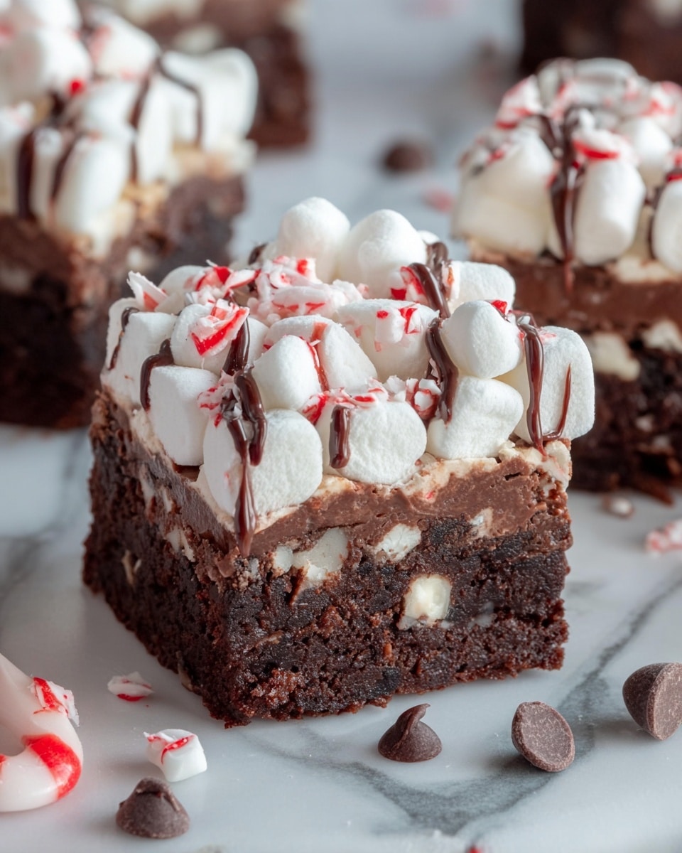 A close-up of a square chocolate dessert with three layers resting on a white marbled surface, the bottom layer is a dense, dark chocolate brownie with a rough texture, the middle layer is a slightly lighter, creamy chocolate with small white marshmallow bits embedded, and the top layer is fluffy white mini marshmallows, sprinkled with small red and white peppermint candy pieces and thin dark chocolate drizzle flowing down the sides, scattered peppermint bits and chocolate chips surround the dessert, photo taken with an iphone --ar 4:5 --v 7