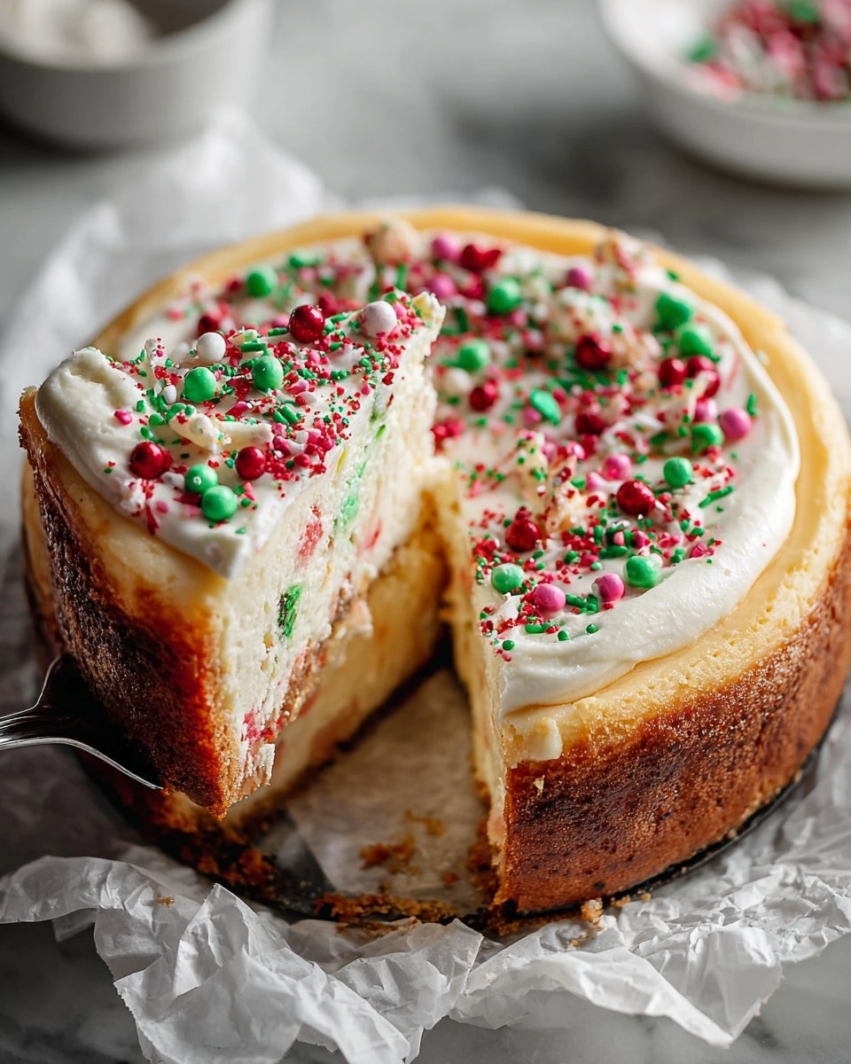 A round cheesecake with a thick golden-brown crust on the outside, topped with a smooth, white creamy layer covered in red, green, pink, and white round sprinkles and small green and red sugar bits; inside, the creamy filling shows small bits of the same colorful sprinkles mixed throughout. A slice of the cheesecake is being lifted, showing the soft creamy texture of the inside and the evenly baked crust beneath. The cake is resting on crumpled white parchment paper over a white marbled surface with a blurred white bowl in the background. Photo taken with an iphone --ar 4:5 --v 7