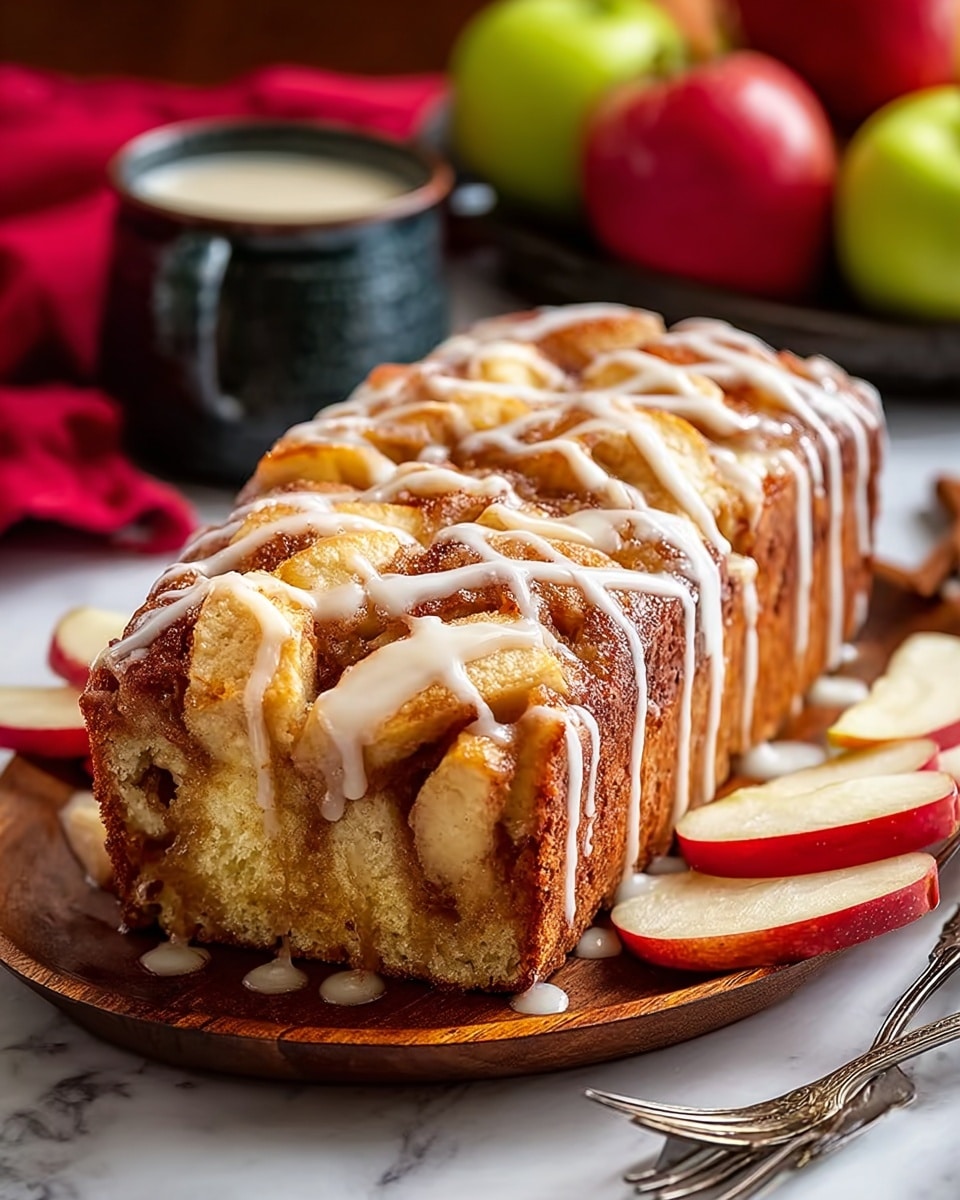 A loaf-shaped apple cake with about three layers: the bottom and sides are golden brown with a slightly crunchy texture, the middle layer is packed with soft, cinnamon-coated apple chunks in light beige and warm brown shades, and the top has a crisscross pattern of baked apple slices with a glossy, sticky cinnamon glaze. On top of the cake is a white drizzle glaze that runs down the sides in thin lines. The cake sits on a wooden serving tray, with a few fresh red-and-white sliced apples to the right and a silver fork on the left. In the blurred background are whole red and green apples on a dark tray, a dark cup filled with white sauce, and a red cloth, all on a white marbled surface. photo taken with an iphone --ar 4:5 --v 7