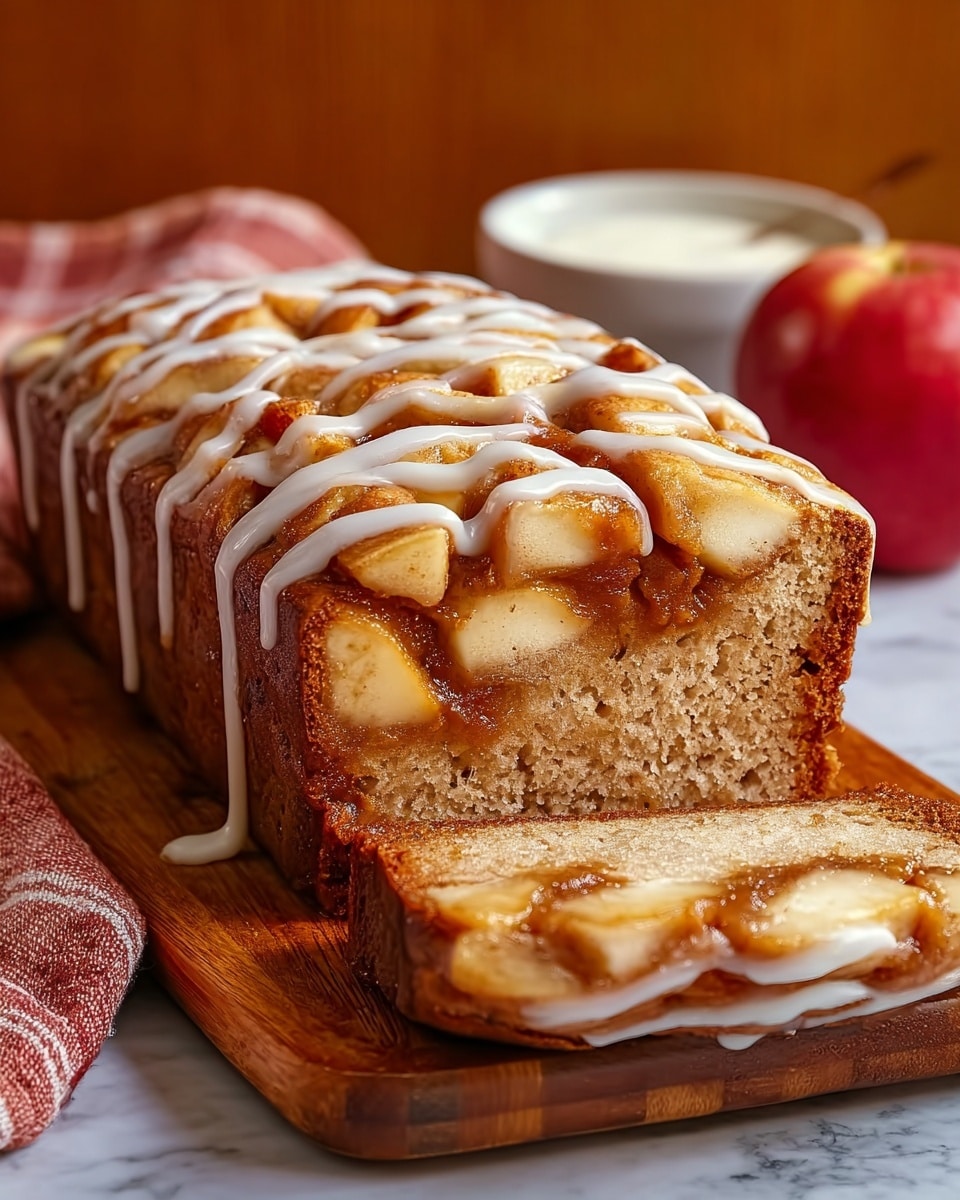 A loaf of apple cinnamon bread on a wooden board, sliced at the front to show the inside. The bread has a golden brown crust with a soft, light brown cake layer. The top is thickly covered with chunky apple slices mixed with a glossy cinnamon sauce. White icing is drizzled over the top in smooth lines. In the background, there is a white bowl with cream and a whole red apple on a white marbled surface. photo taken with an iphone --ar 4:5 --v 7