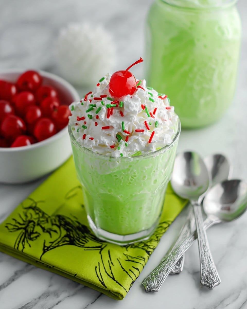 A clear glass filled with a bright green, fluffy, mousse-like dessert with soft and creamy texture forms the main layer, topped with a dollop of white whipped cream that has a smooth and airy texture. Colorful red and green sprinkles are scattered on the whipped cream, with a single shiny red cherry sitting on top, adding vibrant contrast. The glass sits on a white marbled surface next to two silver spoons with detailed handles and a white bowl full of red cherries in the background. A lime green cloth with a black sketch design is placed beneath a jar of the same green dessert behind the glass. photo taken with an iphone --ar 4:5 --v 7