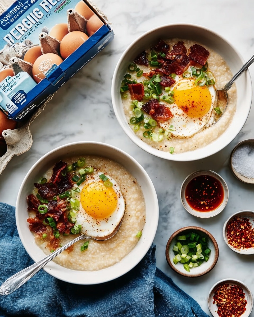 Two white bowls on a white marbled texture surface each filled with three layers: at the bottom is a thick beige porridge, on top are crispy brown bacon pieces and green chopped scallions, and crowned with a perfectly cooked sunny-side-up egg with a bright yellow yolk and white edges slightly browned. One bowl has a silver spoon resting inside, and there is a blue cloth napkin near the right bowl. Around the bowls, there are small white bowls holding red chili oil, coarse salt, and more chopped green scallions. In the top left corner, an open carton of organic eggs is visible with the blue and white packaging. photo taken with an iphone --ar 4:5 --v 7