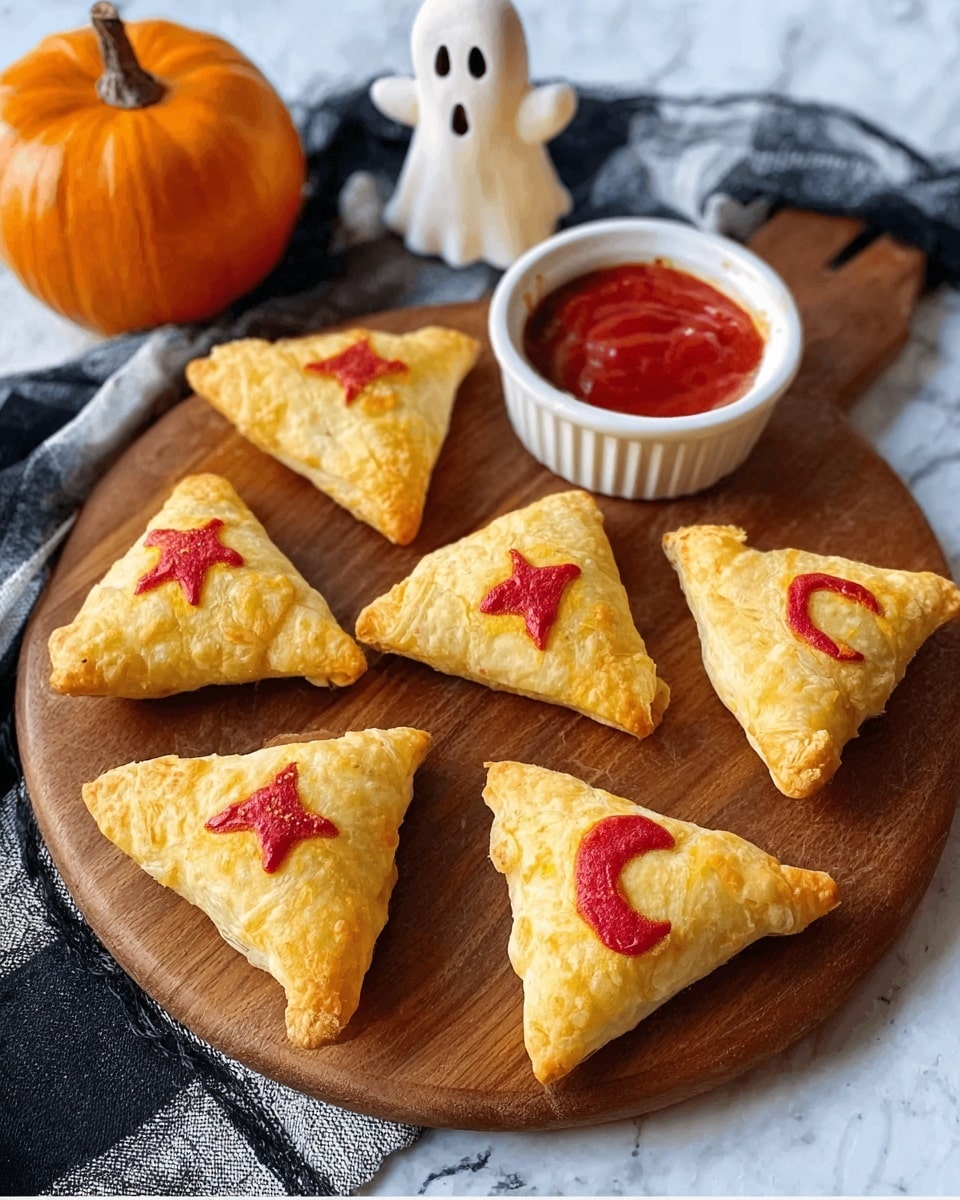 The image shows seven small triangle-shaped pastries arranged on a wooden board. Each pastry is light golden with a slightly flaky texture and decorated with a red shape on top, such as stars, a heart, a crescent moon, and a pepper. To the right side of the board, there is a small white bowl filled with red sauce. In the background, a small white ghost decoration and a small orange pumpkin sit on a white marbled surface with a black and white cloth underneath the board. A woman's hand lightly touches the wooden board on the left side. Photo taken with an iphone --ar 4:5 --v 7