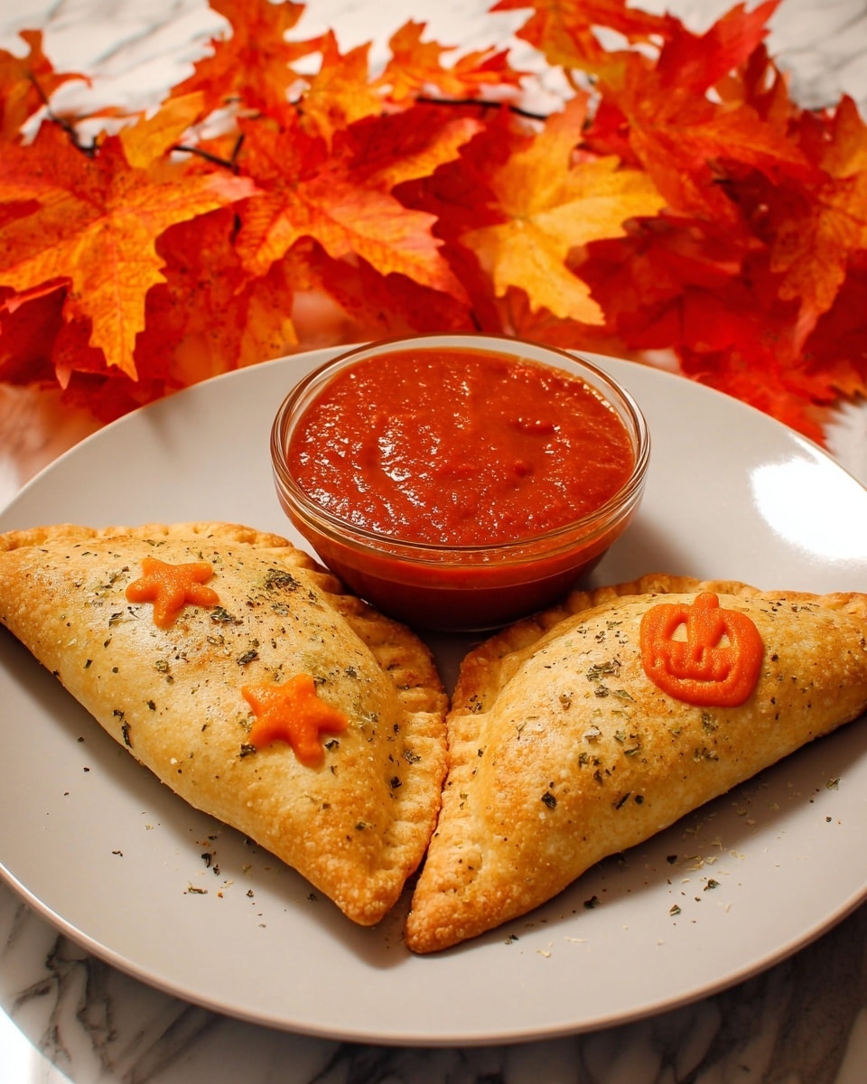 Two triangular golden-brown calzones sit on a white plate, each decorated with small orange shapes on top, one with stars and the other with a pumpkin face. The calzones have a textured crust sprinkled lightly with herbs and spices. In the center of the plate is a clear glass bowl filled with smooth, thick red marinara sauce. Behind the plate, vivid orange and red autumn leaves create a warm and festive backdrop on a white marbled surface. photo taken with an iphone --ar 4:5 --v 7