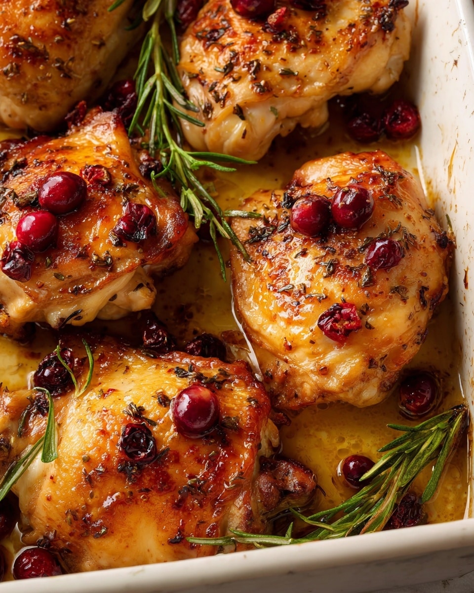 This image shows a white baking dish filled with six pieces of golden-brown baked chicken thighs, each topped with bright red cooked cranberries and small green sprigs of fresh rosemary. The chicken skin is crispy with slightly charred spots and a shiny glaze of sauce that pools in the bottom of the dish. The dish is resting on a white marbled surface, and a metal spoon is placed on the right side, partially under one piece of chicken. photo taken with an iphone --ar 4:5 --v 7