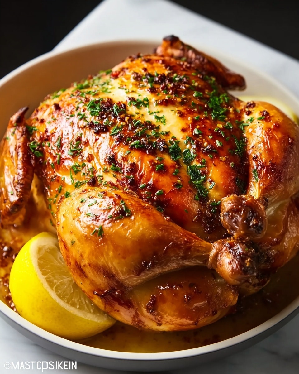 A whole roasted chicken sits in the center of a white plate, its skin golden and shiny with a hint of herbs scattered on top, including small green sprigs of thyme. The chicken’s drumsticks and wings are plump and browned, positioned outward on the plate, while beneath the chicken is a layer of roasted vegetables in warm tones of orange, red, and beige, adding texture and color contrast. The background is a soft, white marbled texture that highlights the rich colors of the dish. Photo taken with an iphone --ar 4:5 --v 7