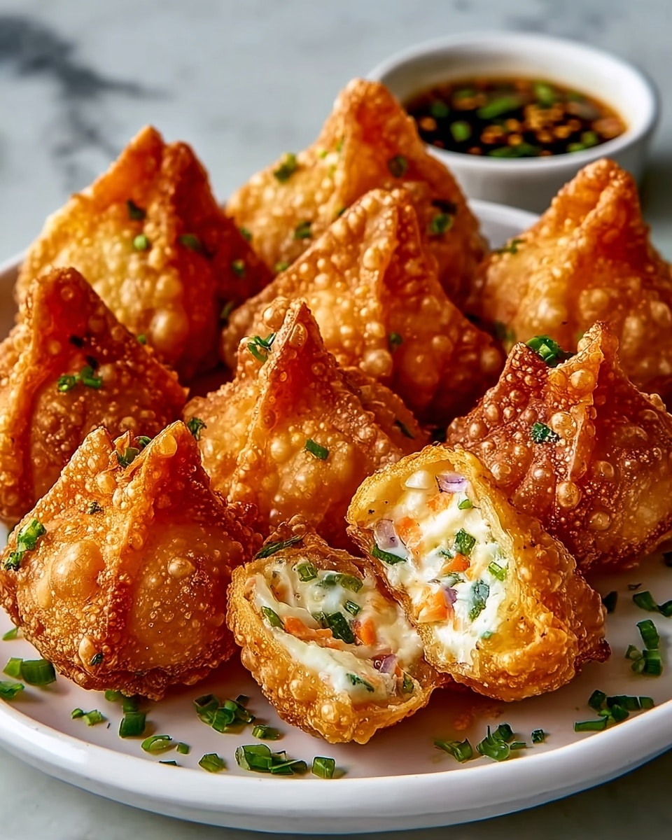 A white plate is filled with golden-brown crispy fried appetizers that have a bubbly textured crust and are shaped like small pouches with four edges pinched at the top. One of the pieces is cut open, showing a creamy white filling with bits of orange, purple, and green, suggesting vegetables mixed inside. The appetizers are garnished with small bright green chopped herbs scattered over and around them. In the background, there is a small white round bowl with a dark dipping sauce featuring small light bits. The whole setup is placed on a white marbled surface. photo taken with an iphone --ar 4:5 --v 7